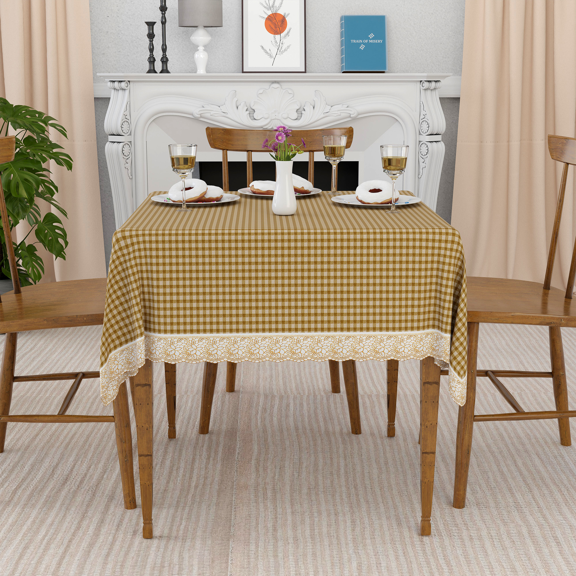 Kuber Industries 48x48 Inches Table Cover  PVC 4 Seater Waterproof  Dustproof Table Protector Cloth For Home  Restaurant  Barik Check Square Print - Light Brown