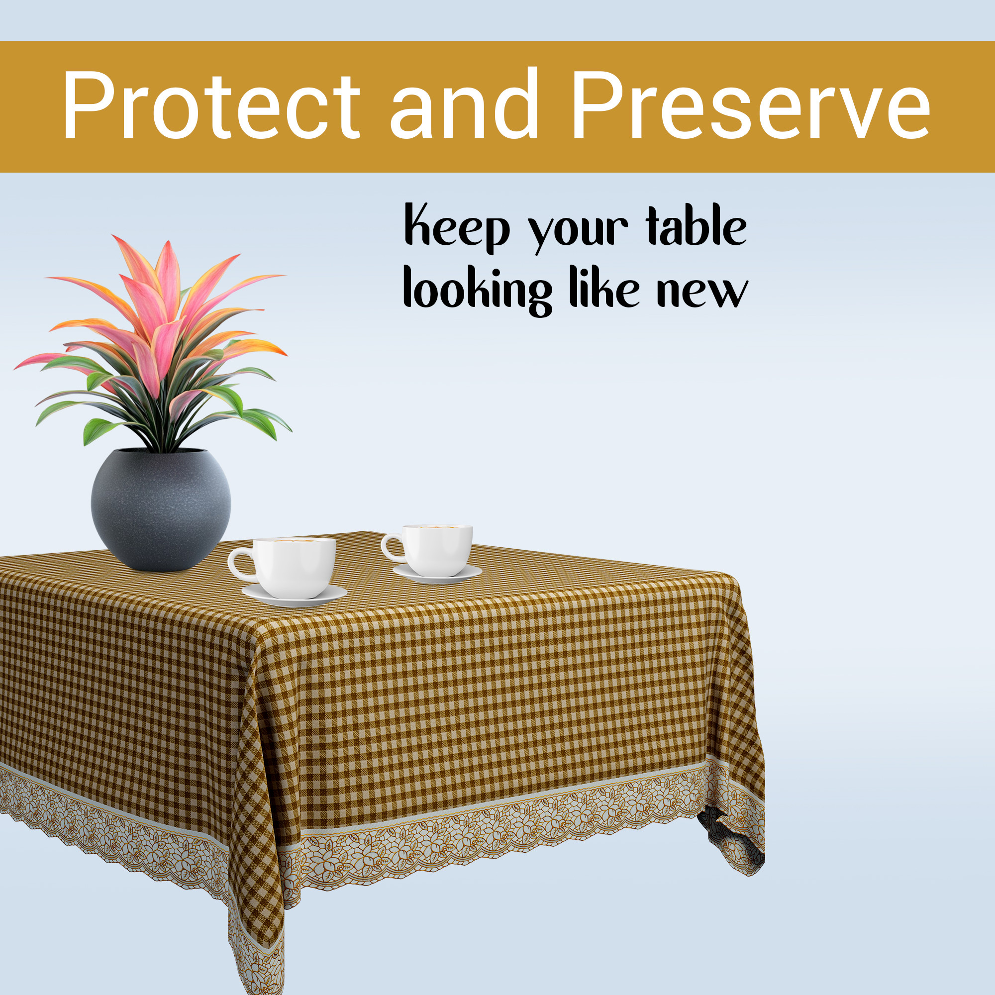 Kuber Industries 48x48 Inches Table Cover  PVC 4 Seater Waterproof  Dustproof Table Protector Cloth For Home  Restaurant  Barik Check Square Print - Light Brown