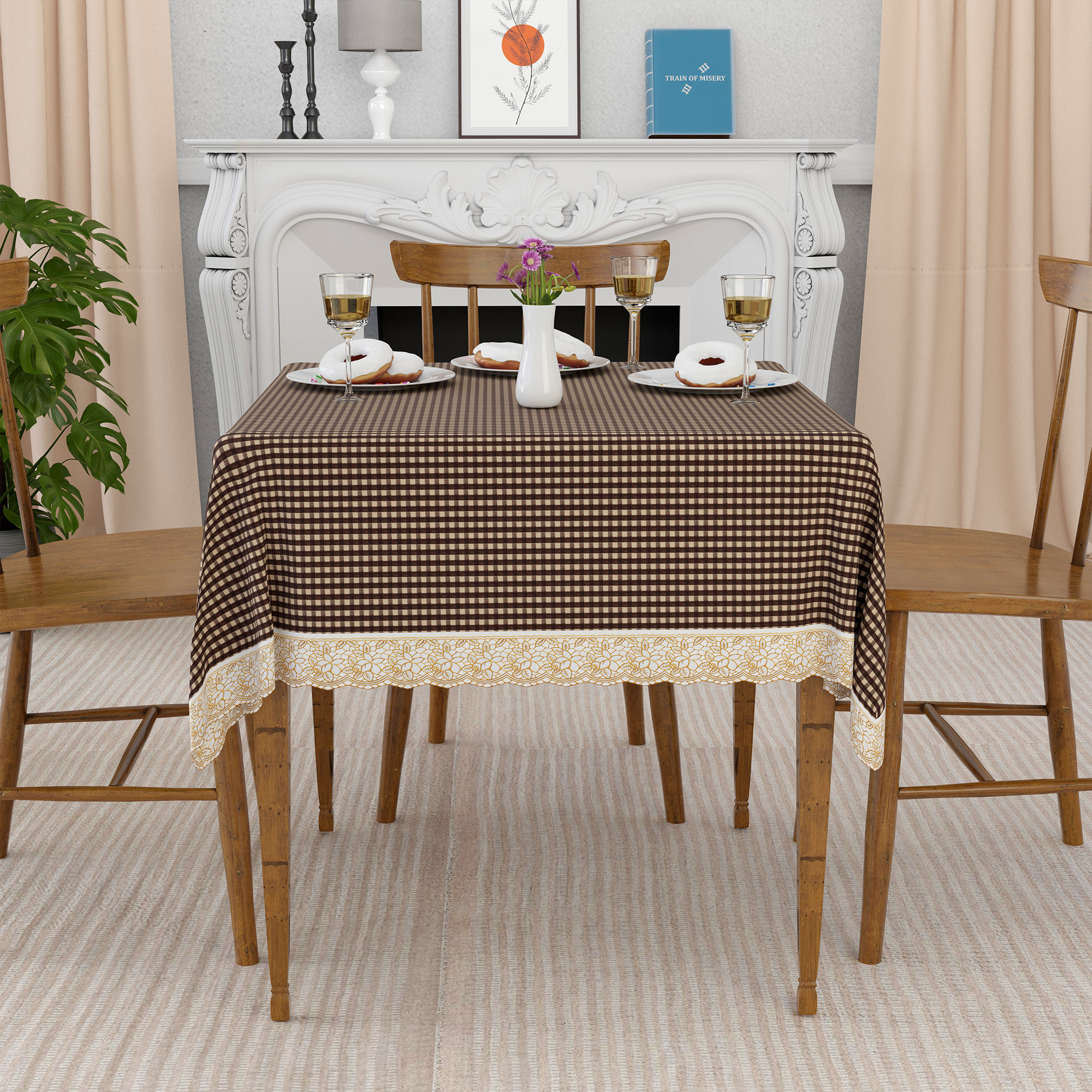 Kuber Industries 48x48 Inches Table Cover  PVC 4 Seater Waterproof  Dustproof Table Protector Cloth For Home  Restaurant  Barik Check Square Print - Brown