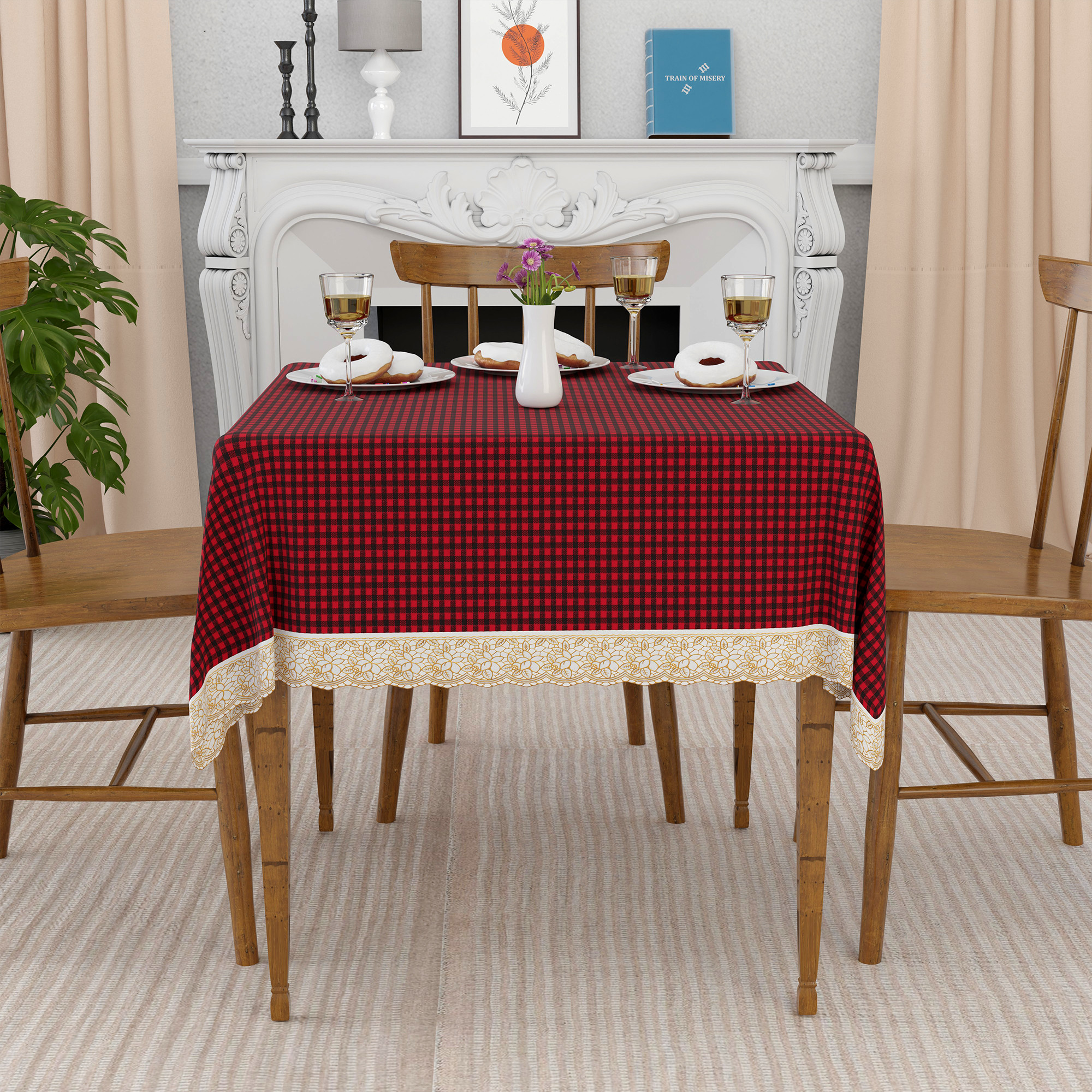 Kuber Industries 48x48 Inches Table Cover  PVC 4 Seater Waterproof  Dustproof Table Protector Cloth For Home  Restaurant  Barik Check Square Print - Maroon