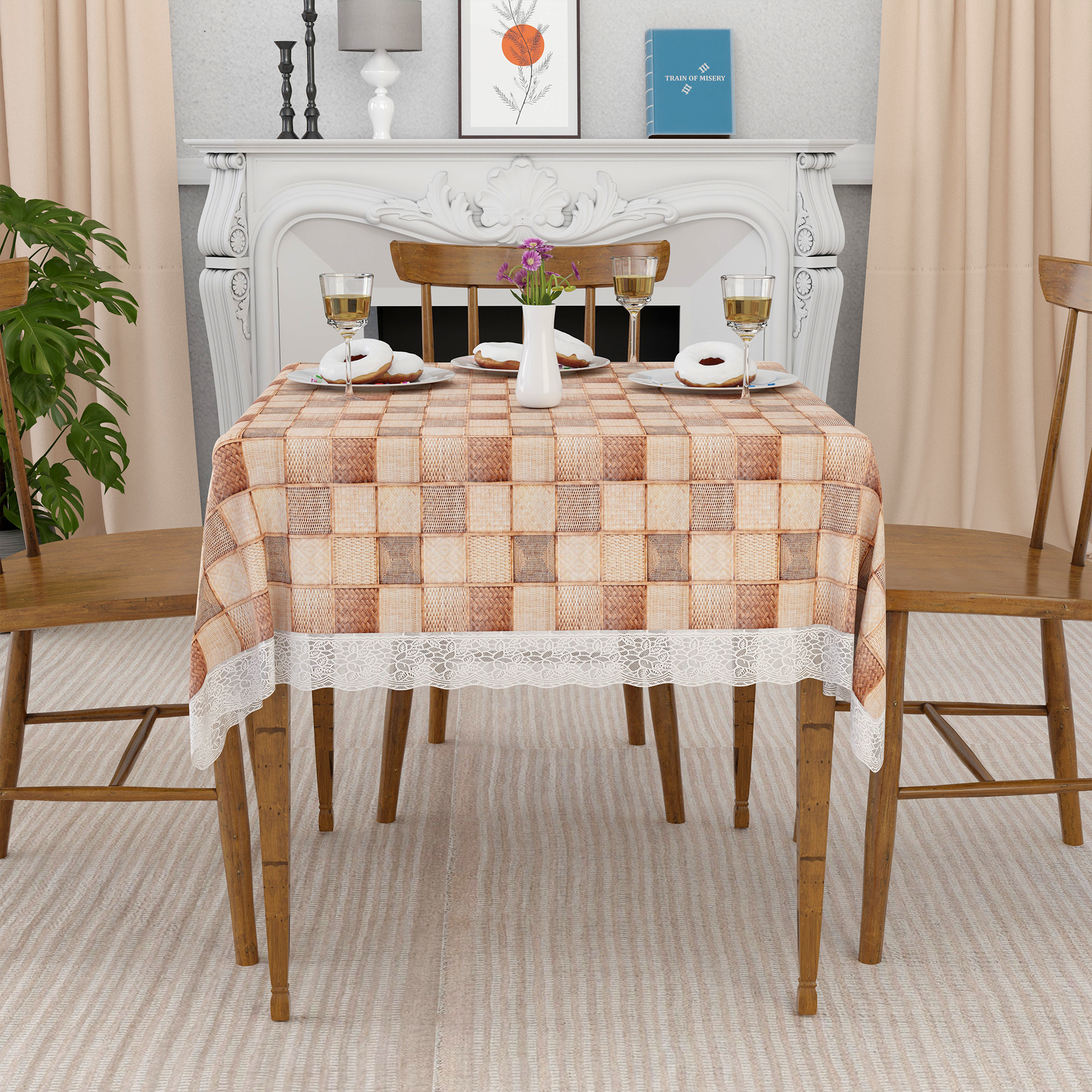 Kuber Industries 48x48 Inches Table Cover  PVC 4 Seater Waterproof  Dustproof Table Protector Cloth For Home  Restaurant  Chatai Lace Print - Brown
