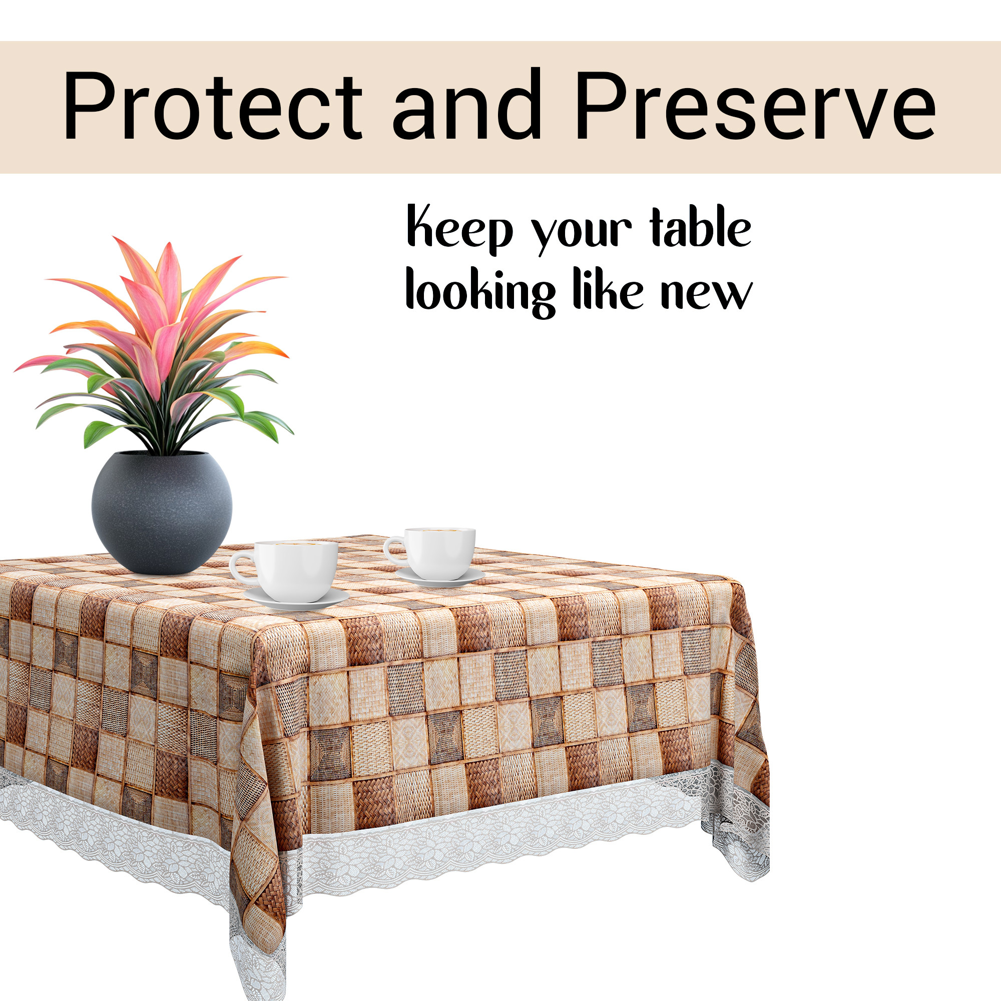Kuber Industries 48x48 Inches Table Cover  PVC 4 Seater Waterproof  Dustproof Table Protector Cloth For Home  Restaurant  Chatai Lace Print - Brown