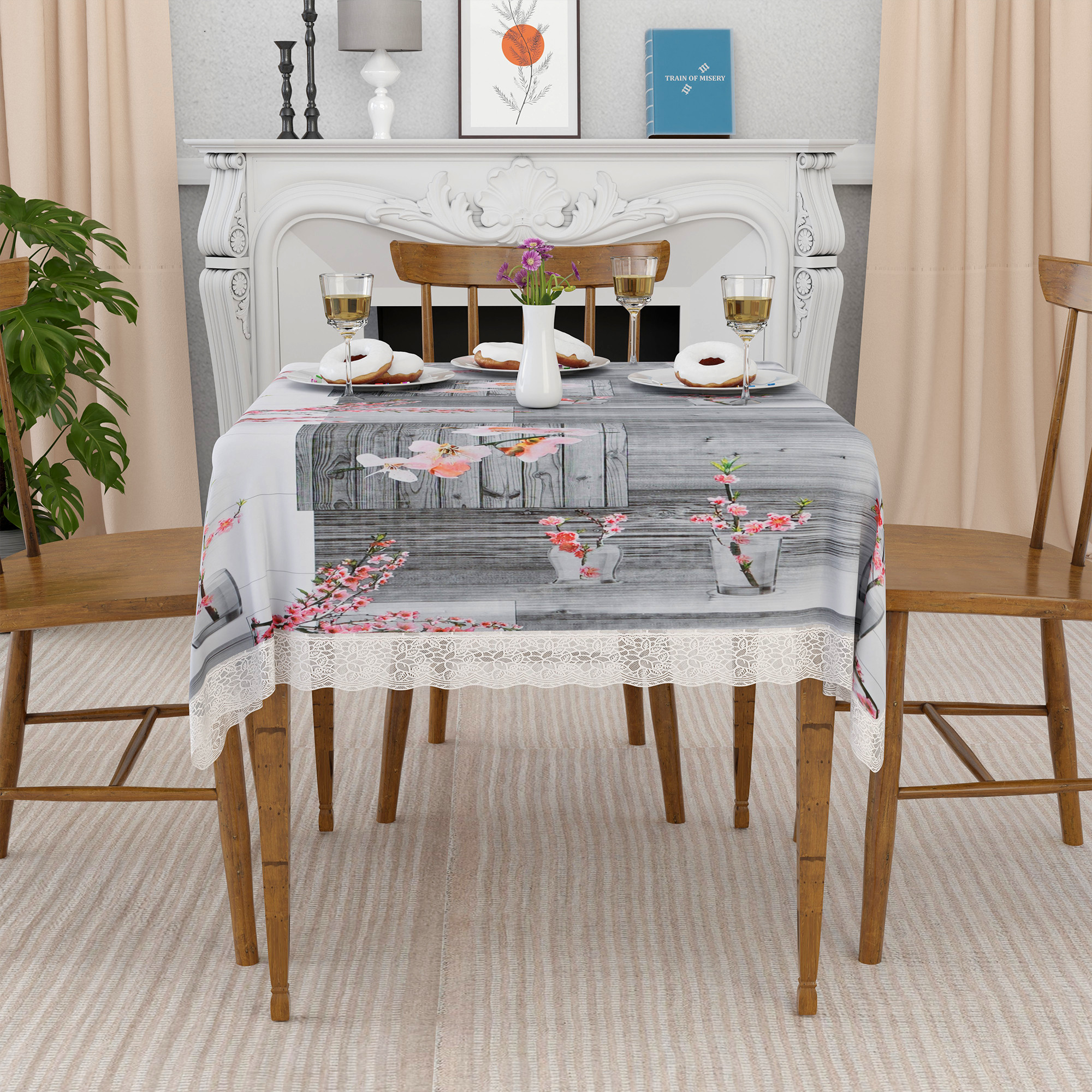 Kuber Industries 48x48 Inches Table Cover  PVC 4 Seater Waterproof  Dustproof Table Protector Cloth For Home  Restaurant  Flower Square Print - Pink  Grey