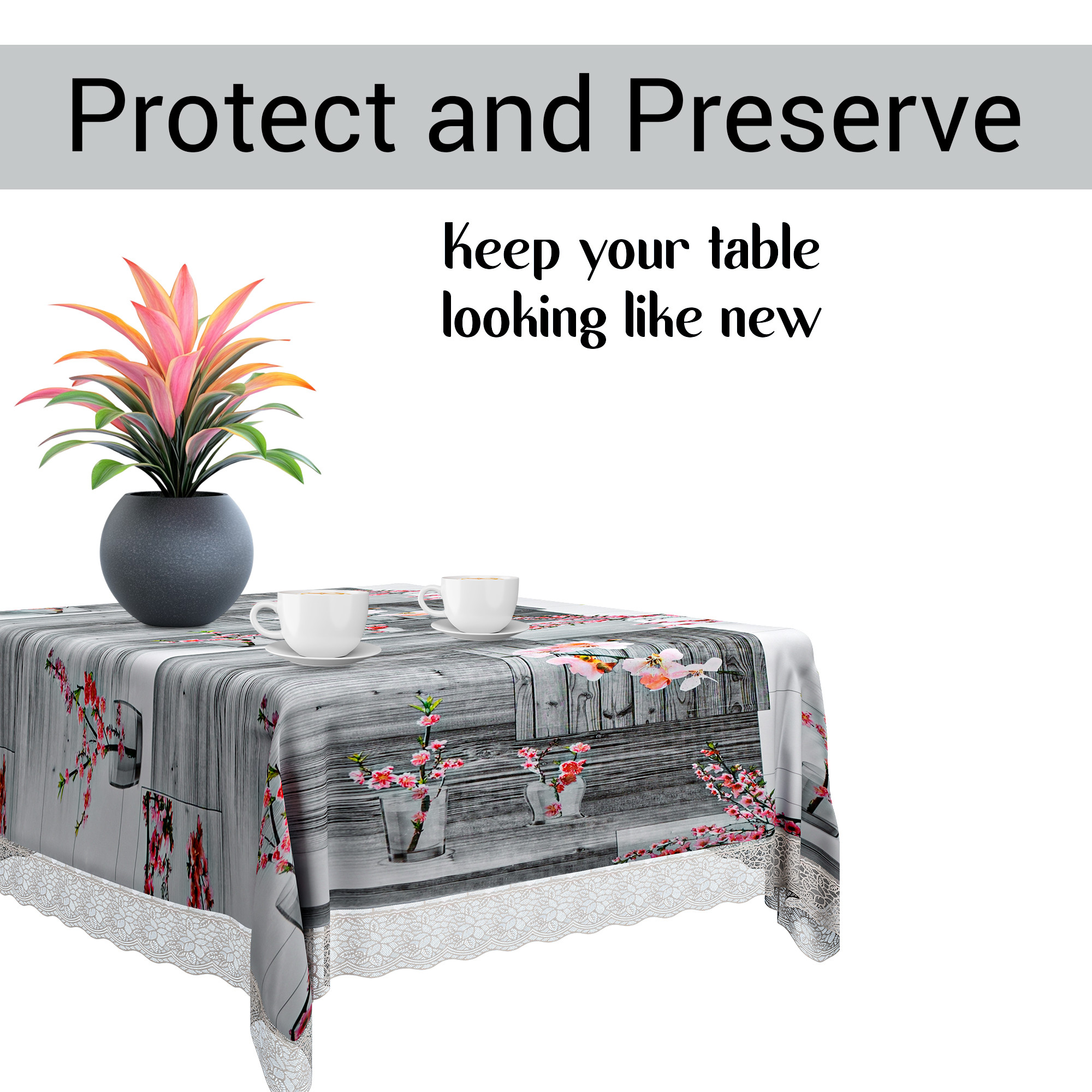 Kuber Industries 48x48 Inches Table Cover  PVC 4 Seater Waterproof  Dustproof Table Protector Cloth For Home  Restaurant  Flower Square Print - Pink  Grey