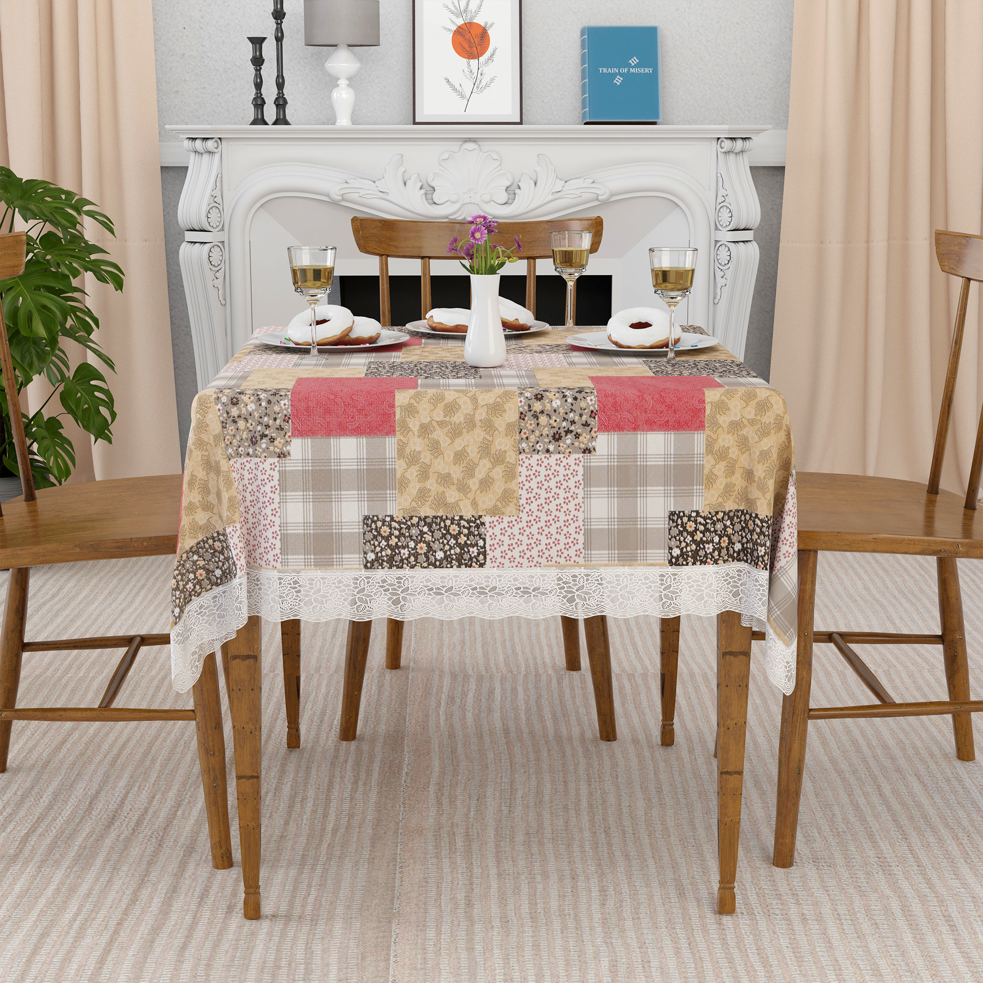 Kuber Industries 48x48 Inches Table Cover  PVC 4 Seater Waterproof  Dustproof Table Protector Cloth For Home  Restaurant  Barik Flower Square Print - Black