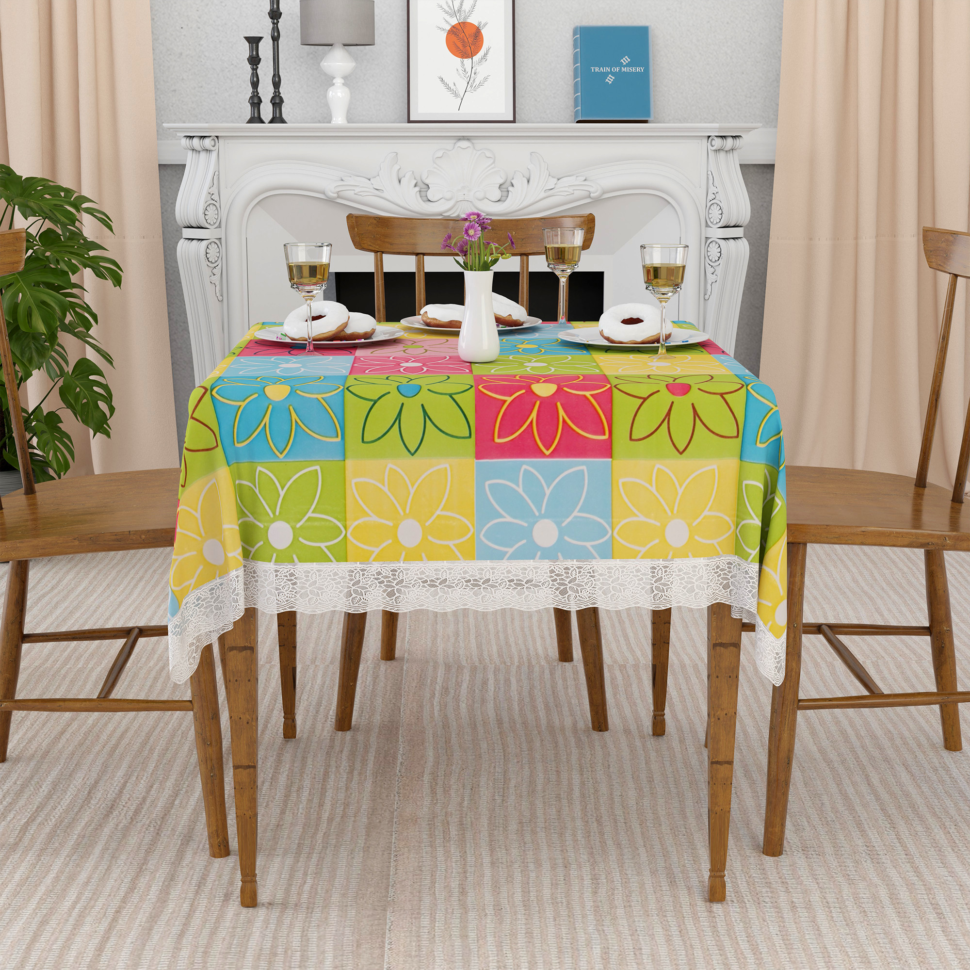 Kuber Industries 48x48 Inches Table Cover  PVC 4 Seater Waterproof  Dustproof Table Protector Cloth For Home  Restaurant  Check Square Print - Yellow