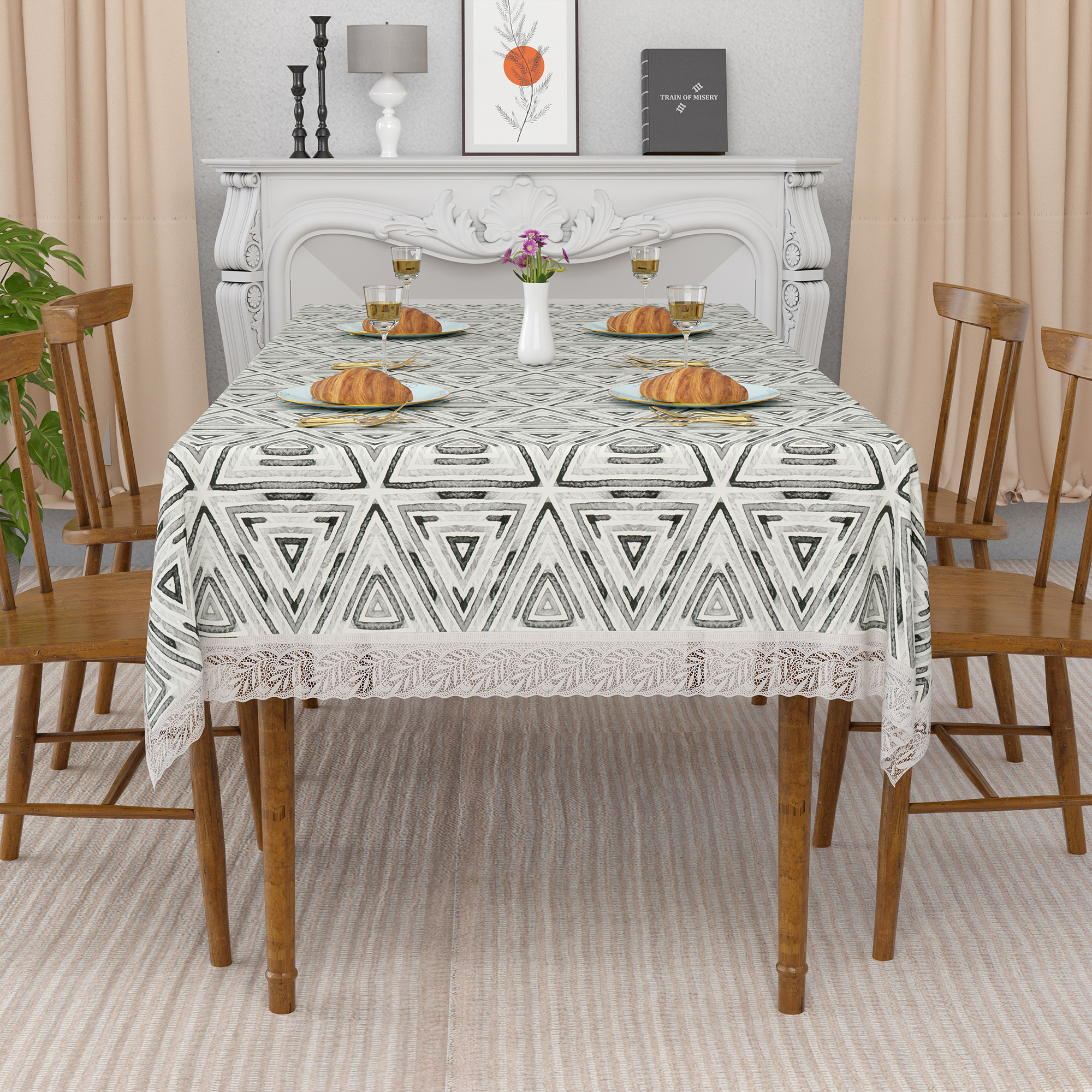 Kuber Industries 48x60 Inch Table Cover  PVC 4 Seater Waterproof  Dustproof Table Protector  Sheet Cloth For Home  Restaurant  Triangle Print - Grey