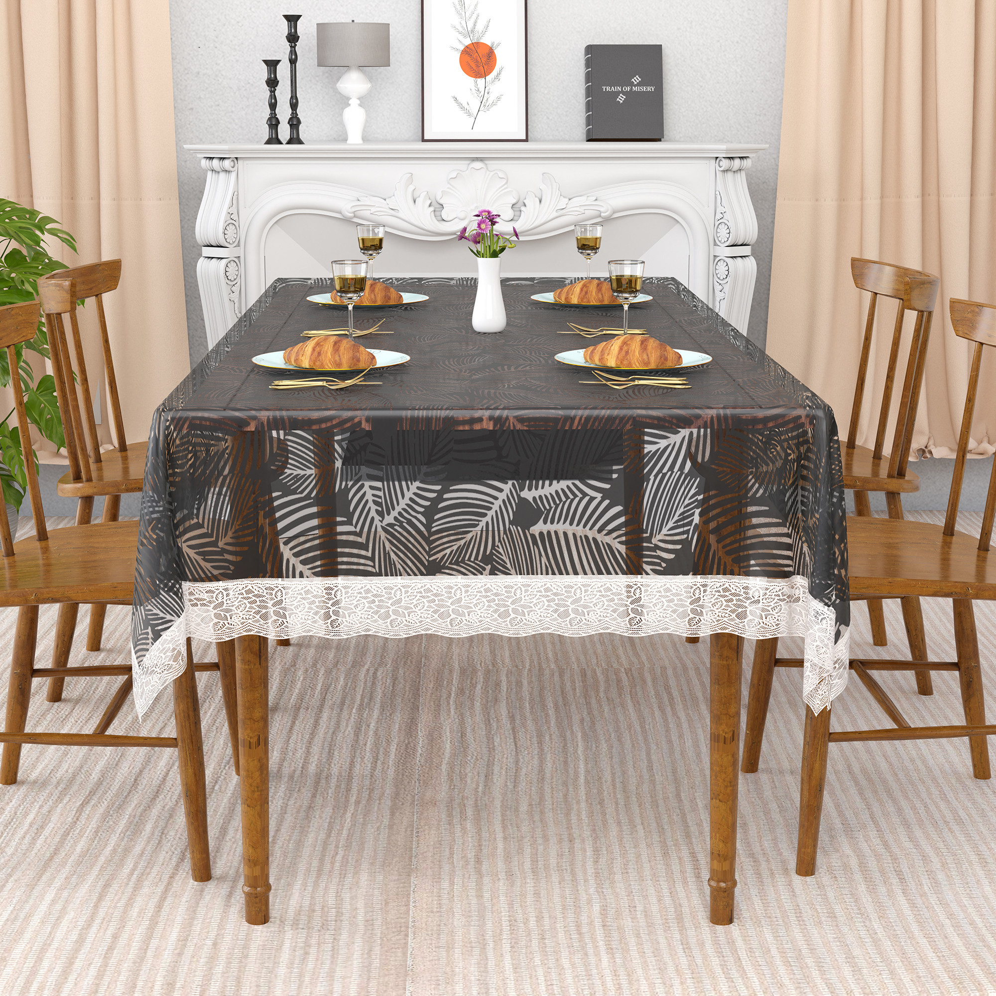 Kuber Industries 48x60 Inch Table Cover  PVC 4 Seater Waterproof  Dustproof Table Protector Cloth For Home  Restaurant  Transparent Leaf Print - Black