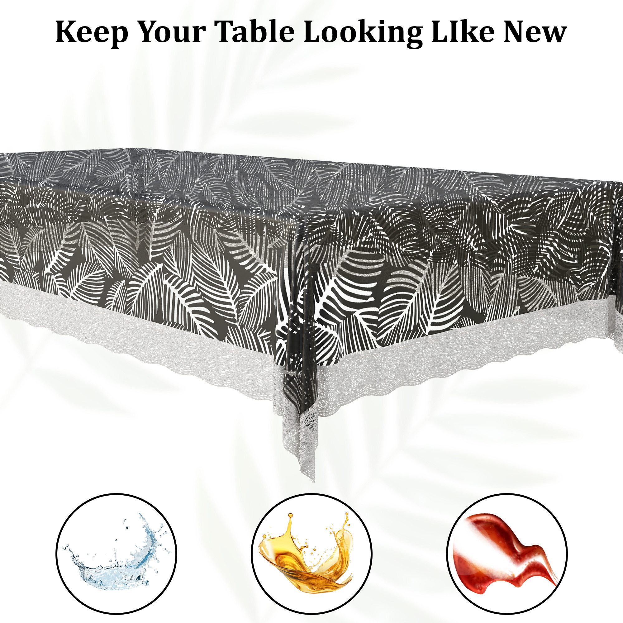 Kuber Industries 48x60 Inch Table Cover  PVC 4 Seater Waterproof  Dustproof Table Protector Cloth For Home  Restaurant  Transparent Leaf Print - Black