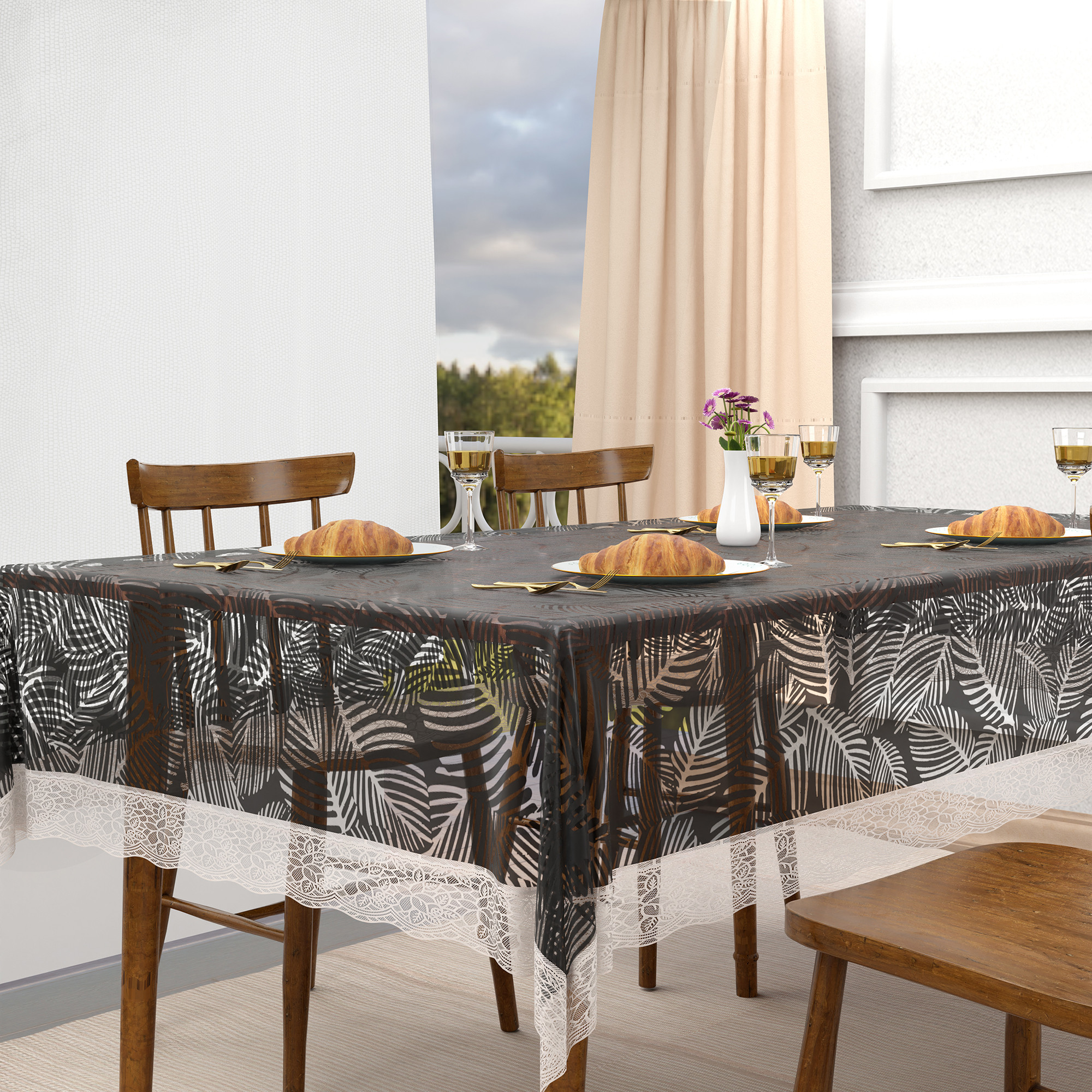 Kuber Industries 48x60 Inch Table Cover  PVC 4 Seater Waterproof  Dustproof Table Protector Cloth For Home  Restaurant  Transparent Leaf Print - Black