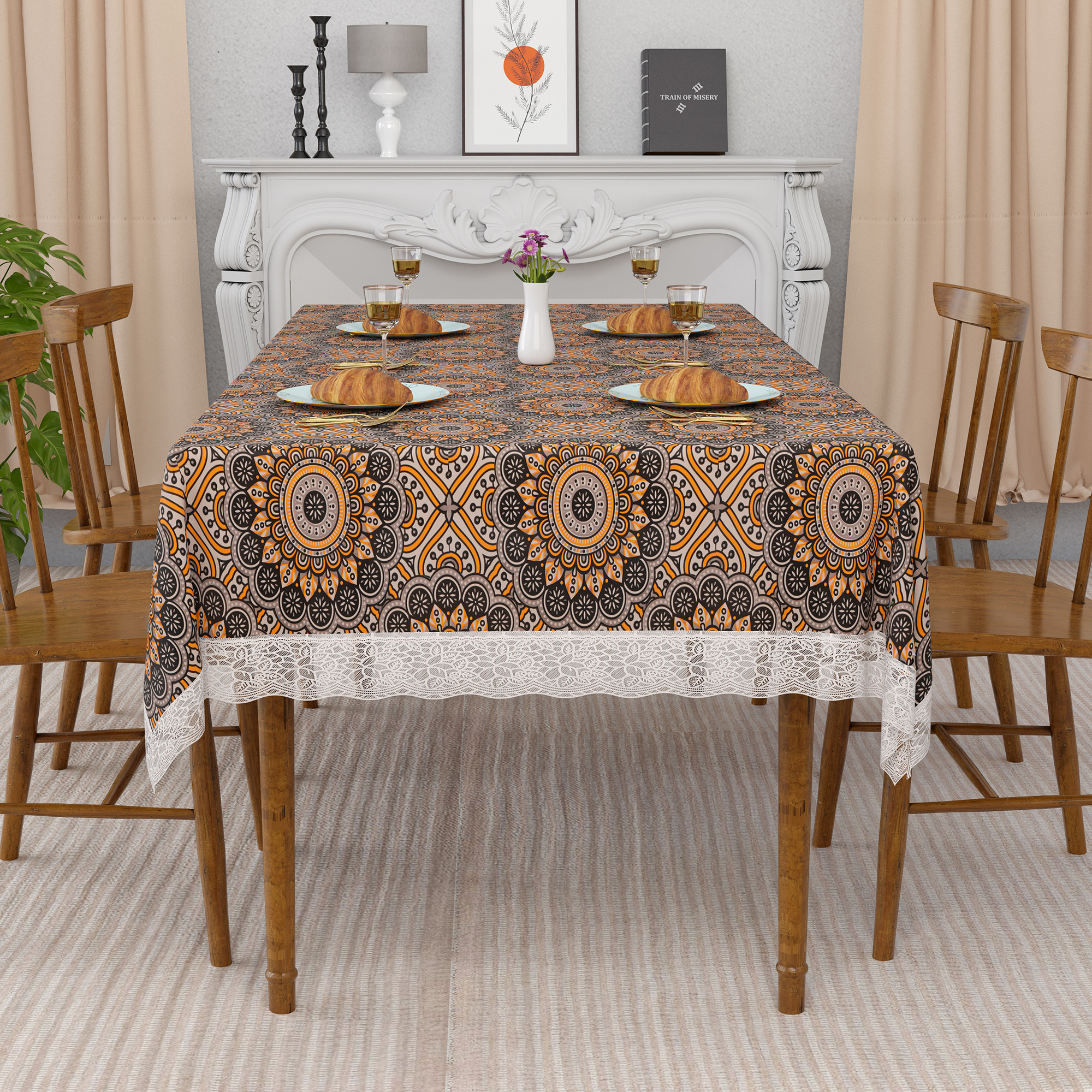 Kuber Industries 48x60 Inch Table Cover  PVC 4 Seater Waterproof  Dustproof Table ProtectorSheet Cloth For Home  Restaurant  Rangoli Print - Black