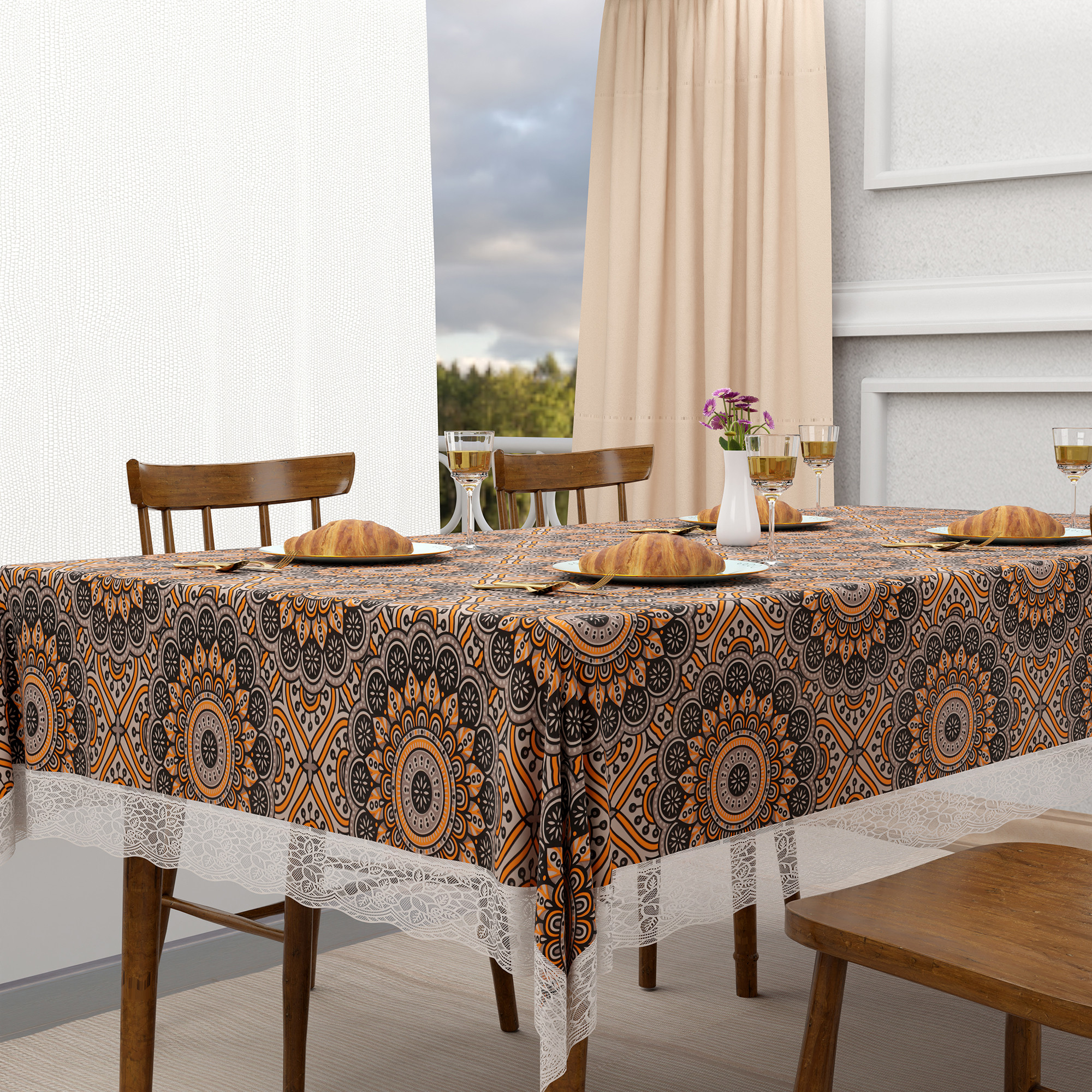 Kuber Industries 48x60 Inch Table Cover  PVC 4 Seater Waterproof  Dustproof Table ProtectorSheet Cloth For Home  Restaurant  Rangoli Print - Black