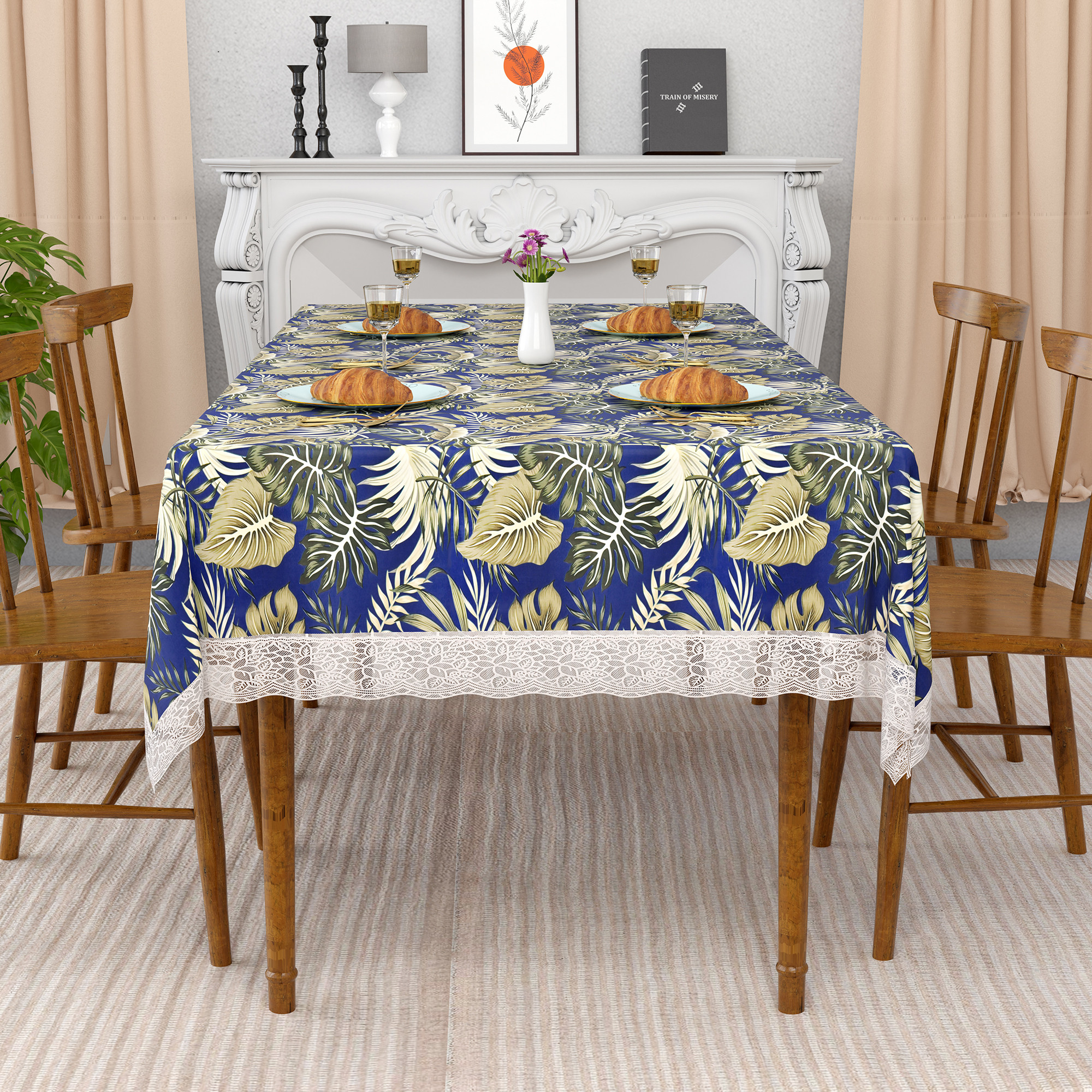 Kuber Industries 48x60 Inch Table Cover  PVC 4 Seater Waterproof  Dustproof Table ProtectorSheet Cloth For Home  Restaurant  Leaf Print - Blue  Green