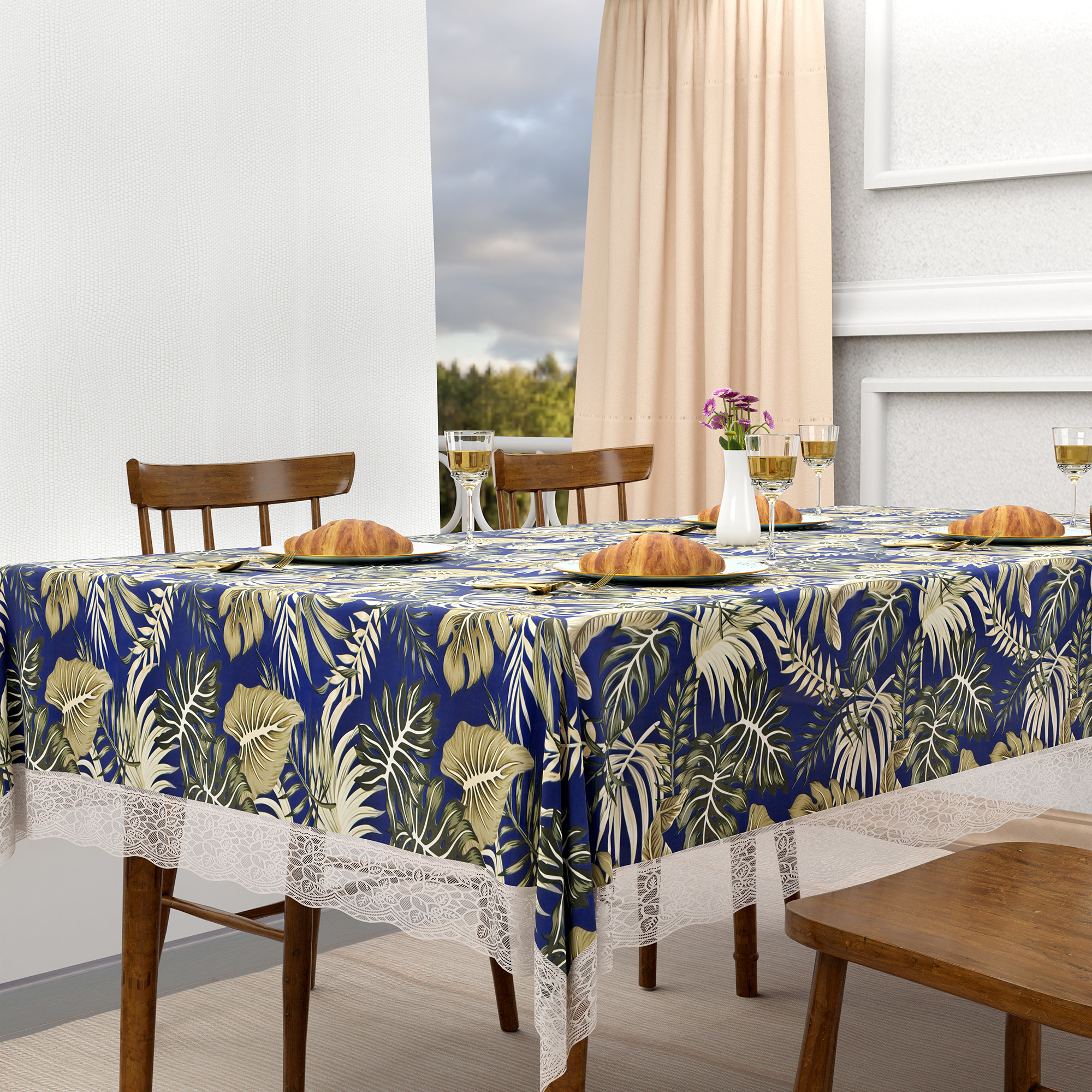 Kuber Industries 48x60 Inch Table Cover  PVC 4 Seater Waterproof  Dustproof Table ProtectorSheet Cloth For Home  Restaurant  Leaf Print - Blue  Green