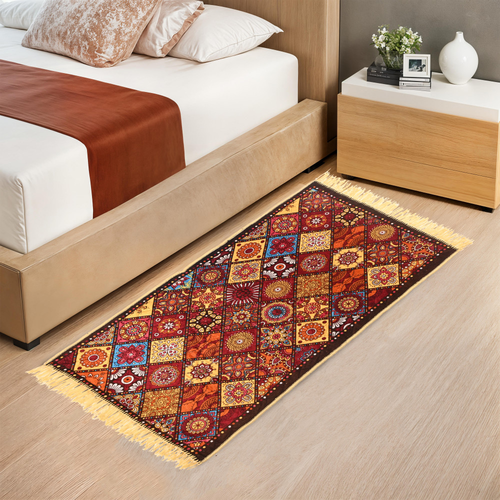 Image of 4x2 Ft Durable Velvet Carpets For Living Room, Bedroom & Home | Comfortable Floor Carpet/Dari For Hallway, Kitchen Floor & Entryway | Rangoli Print - Multicolor