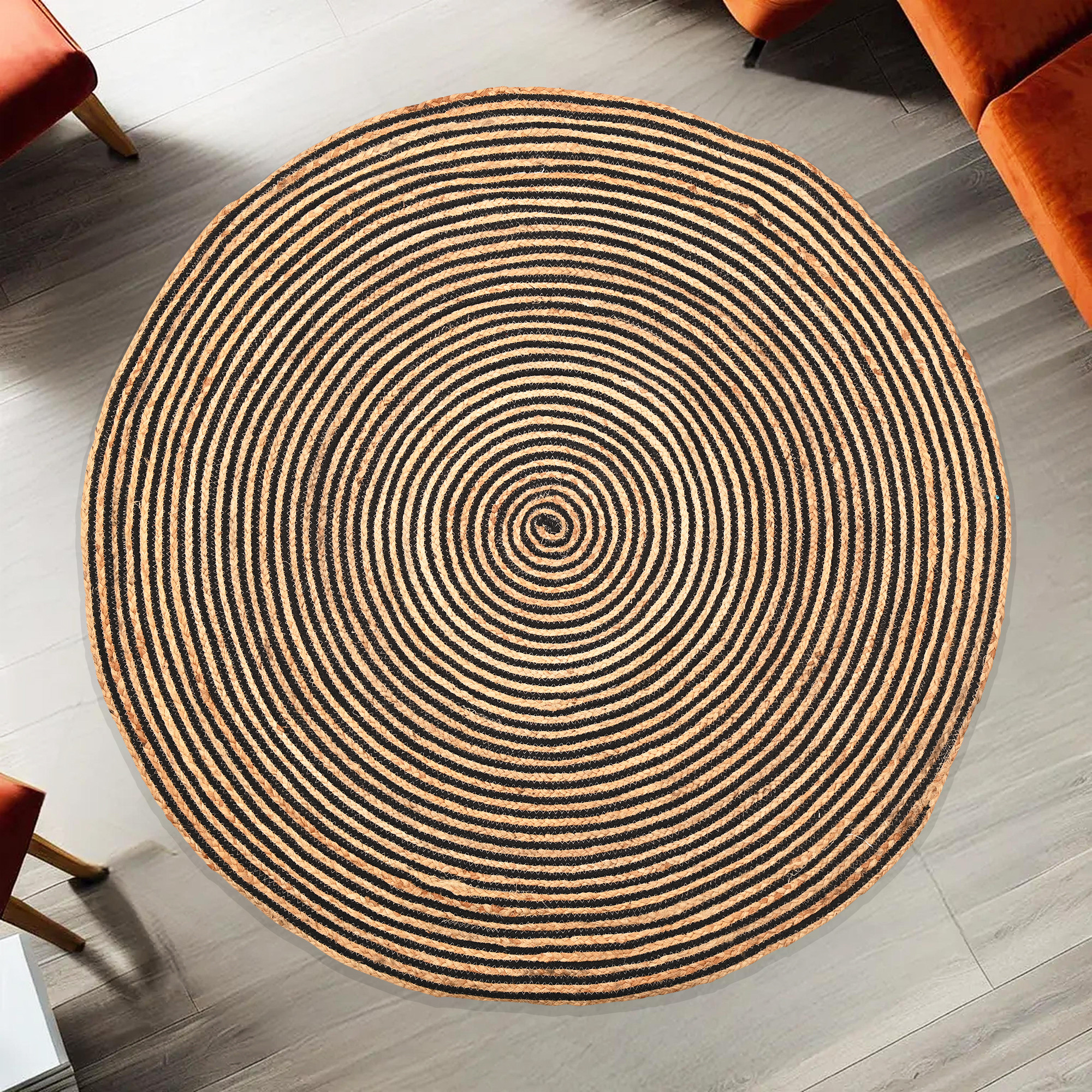 Kuber Industries 4x4 Feet Round Jute Rug  Carpet for HomeBedroom  Aesthetic  Natural Looking Floor Rugs for Living Room  Spirals - Light Brown