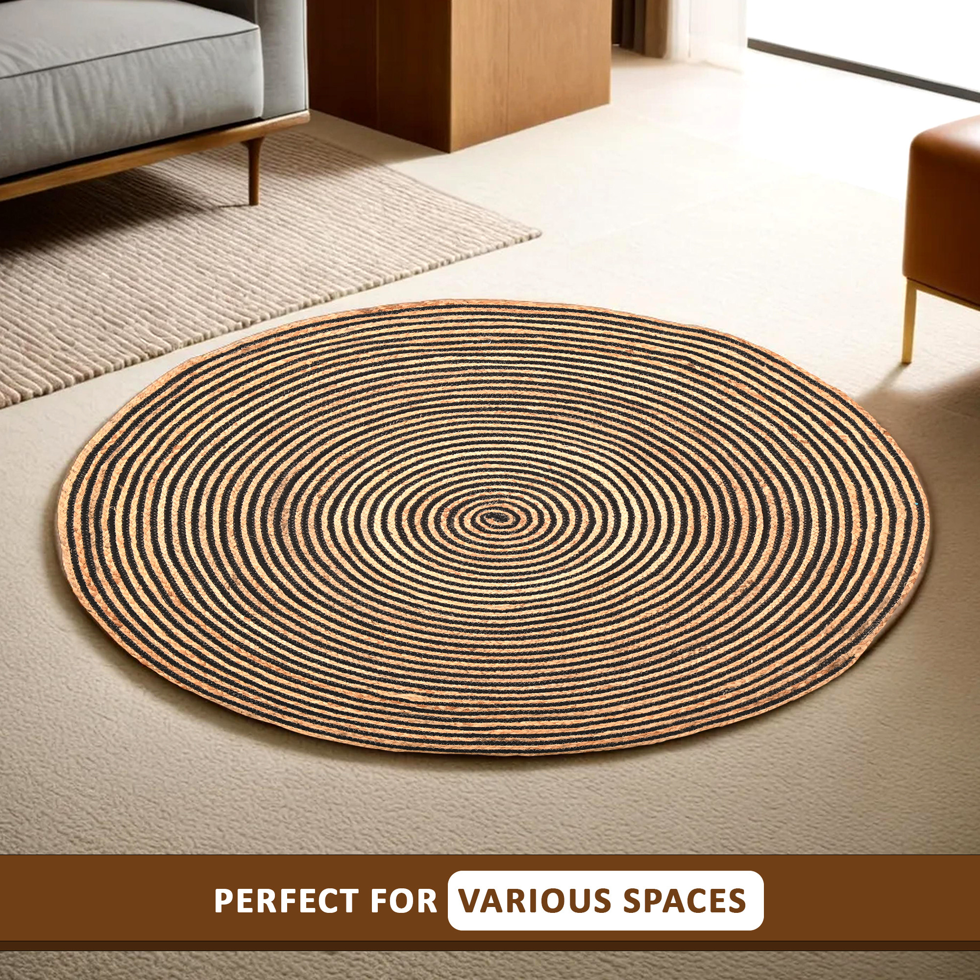 Kuber Industries 4x4 Feet Round Jute Rug  Carpet for HomeBedroom  Aesthetic  Natural Looking Floor Rugs for Living Room  Spirals - Light Brown