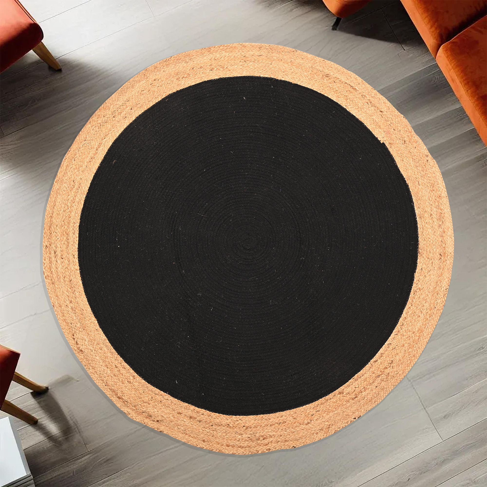 Kuber Industries 4x4 Feet Round Jute Rug  Carpet for HomeBedroom  Natural Looking Floor Rugs for Living Room  Beige  Black