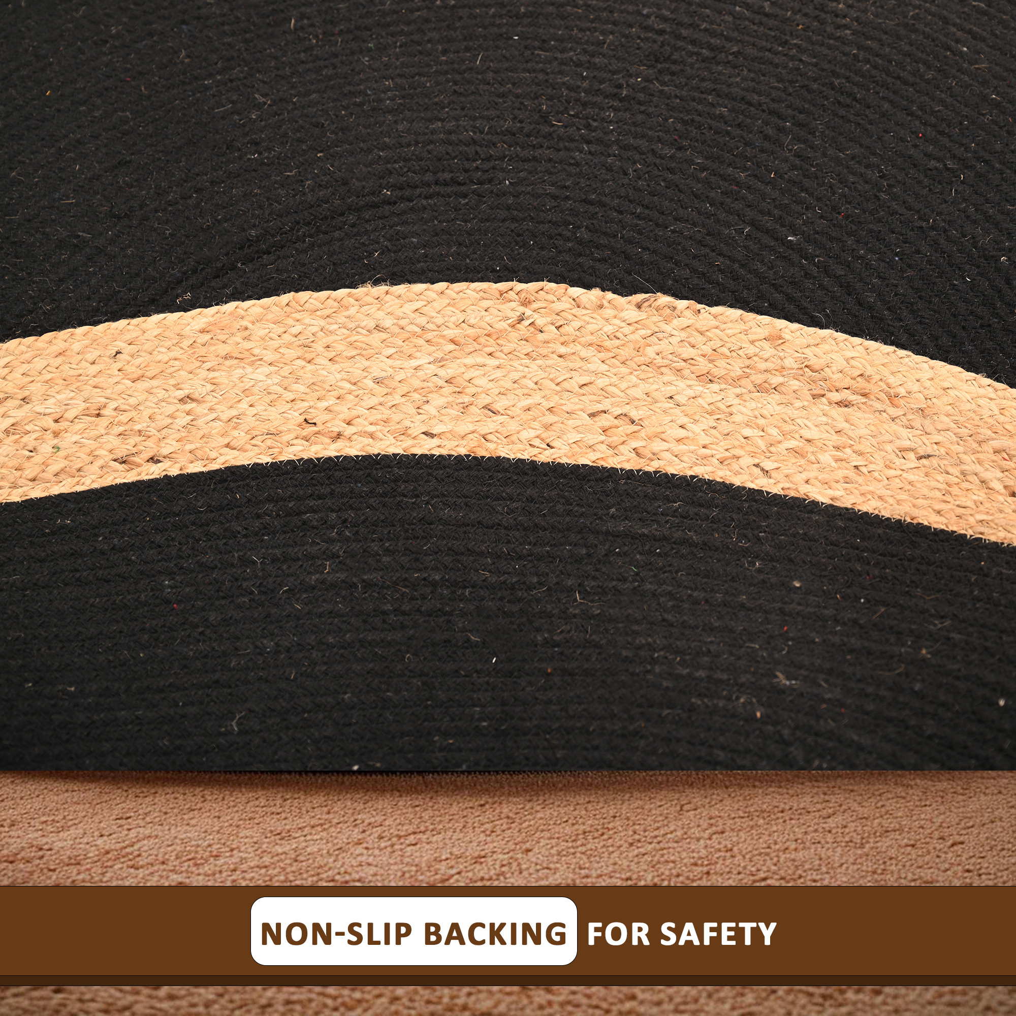 Kuber Industries 4x4 Feet Round Jute Rug  Carpet for HomeBedroom  Natural Looking Floor Rugs for Living Room  Beige  Black