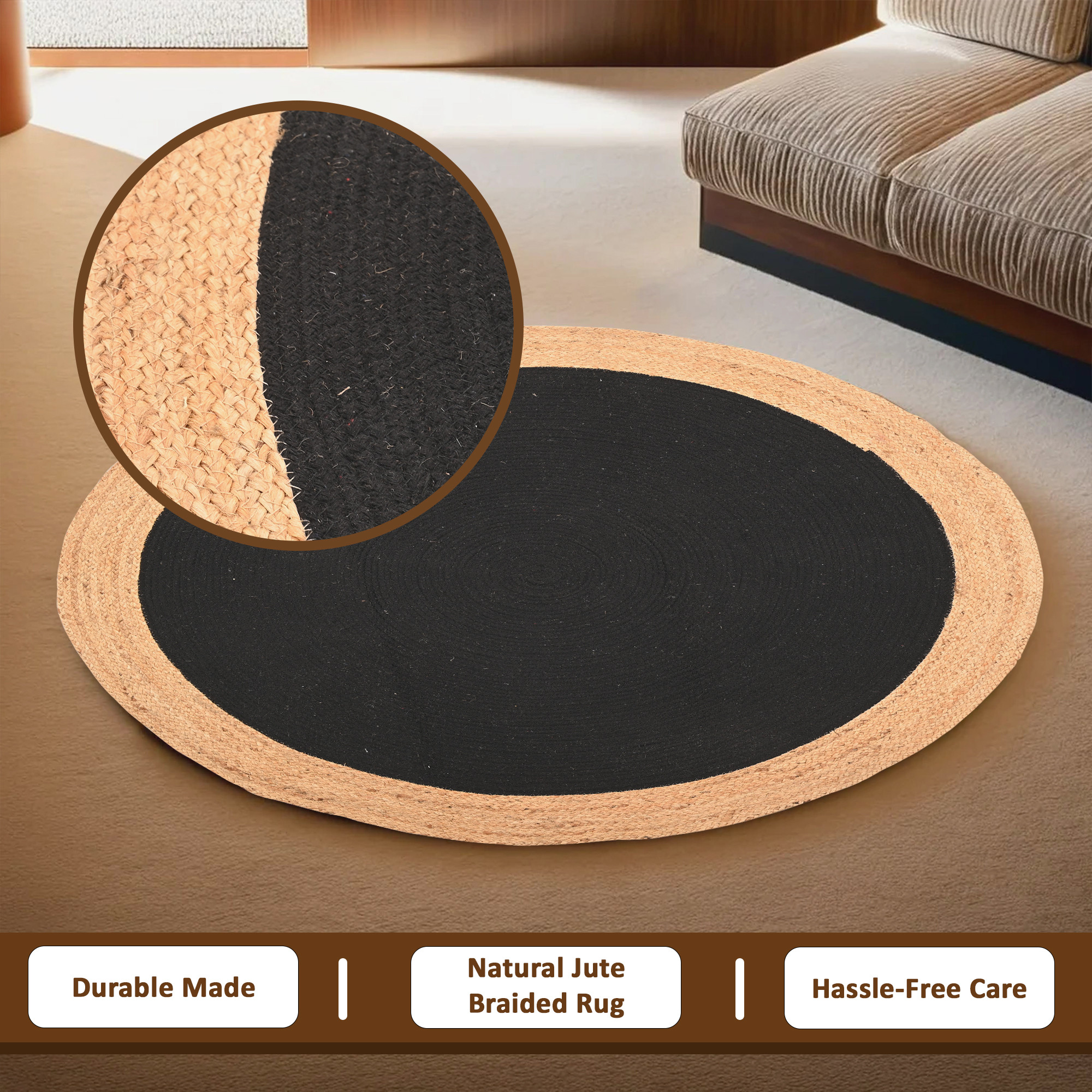 Kuber Industries 4x4 Feet Round Jute Rug  Carpet for HomeBedroom  Natural Looking Floor Rugs for Living Room  Beige  Black