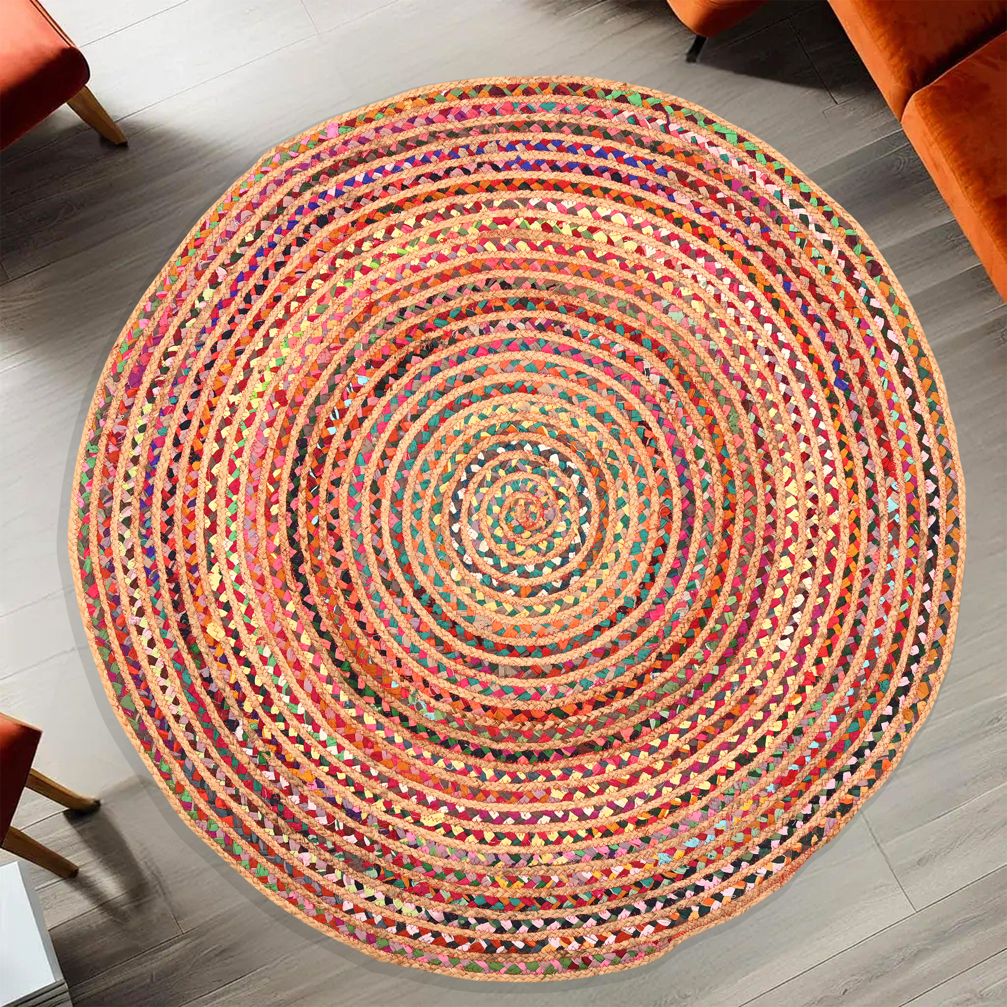 Kuber Industries 4x4 Feet Satranji Doubling Round Jute Rug  Carpet for Home  Bedroom  Aesthetic Floor Rugs for Living Room  Lines - Pink