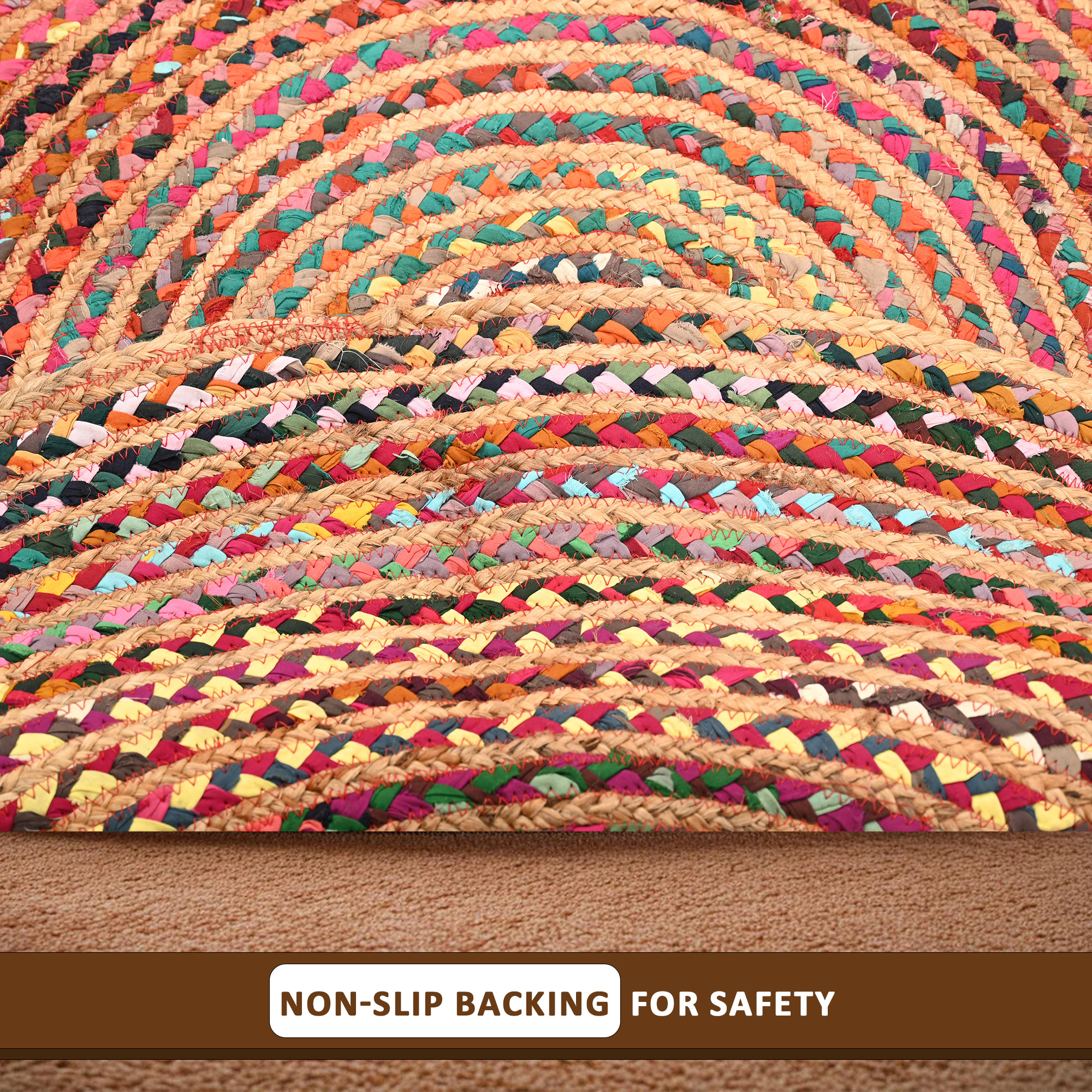 Kuber Industries 4x4 Feet Satranji Doubling Round Jute Rug  Carpet for Home  Bedroom  Aesthetic Floor Rugs for Living Room  Lines - Pink