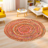 4x4 Feet Satranji Doubling Round Jute Rug &amp; Carpet for Home &amp; Bedroom | Aesthetic Floor Rugs for Living Room | Lines - Pink