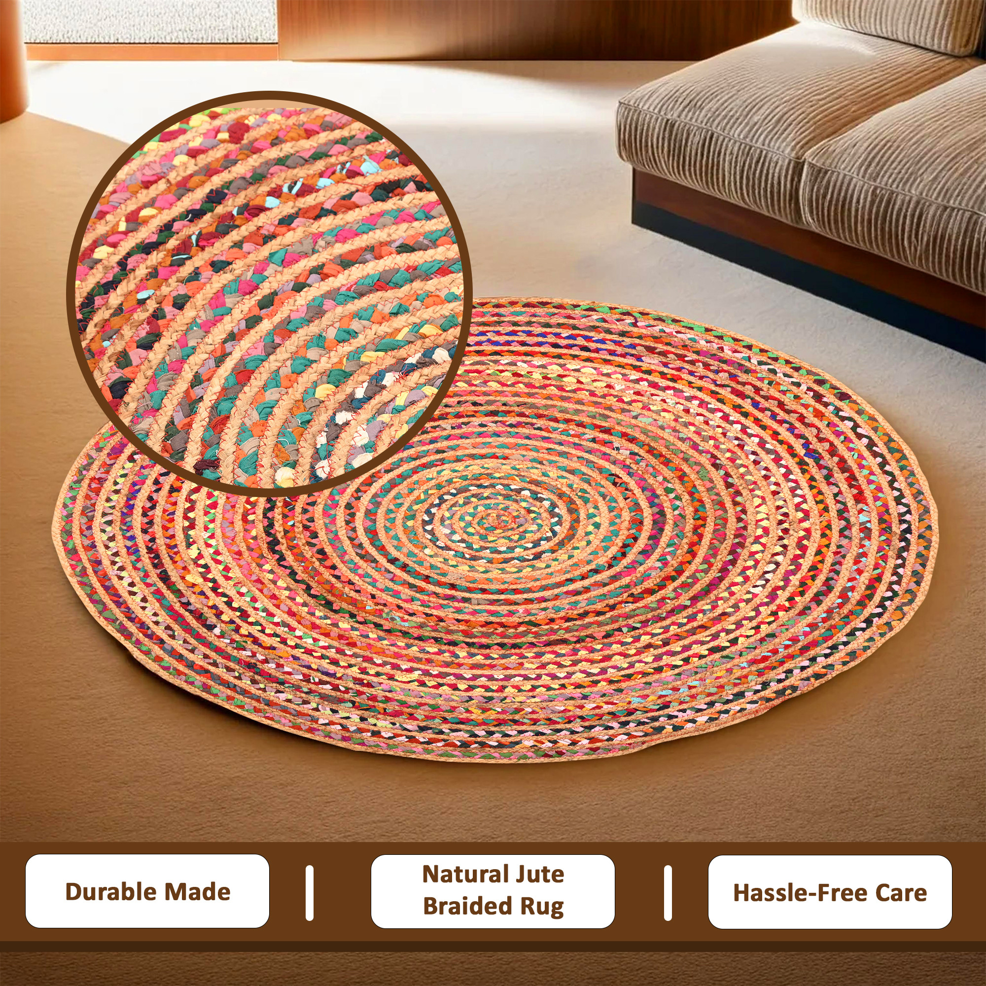 Kuber Industries 4x4 Feet Satranji Doubling Round Jute Rug  Carpet for Home  Bedroom  Aesthetic Floor Rugs for Living Room  Lines - Pink