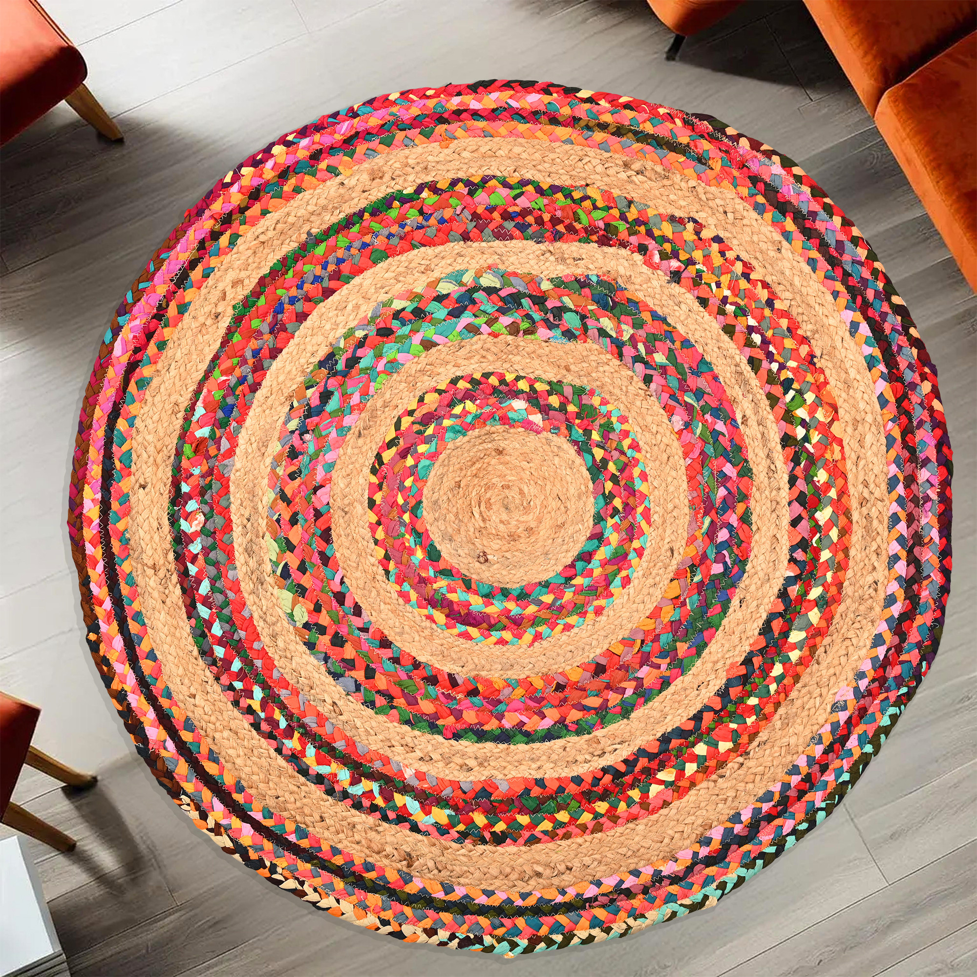 Kuber Industries 4x4 Feet Satranji Round Jute Rug  Carpet for Home  Bedroom  Non-Slip Floor Rugs for Living Room  Thick Lines - Beige