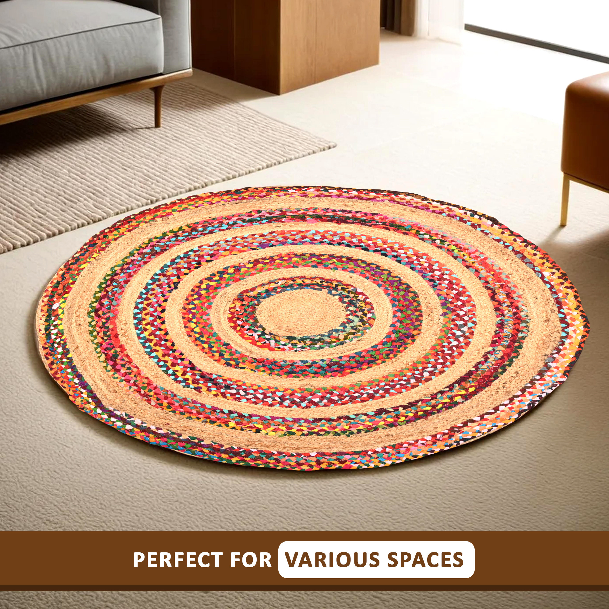 Kuber Industries 4x4 Feet Satranji Round Jute Rug  Carpet for Home  Bedroom  Non-Slip Floor Rugs for Living Room  Thick Lines - Beige