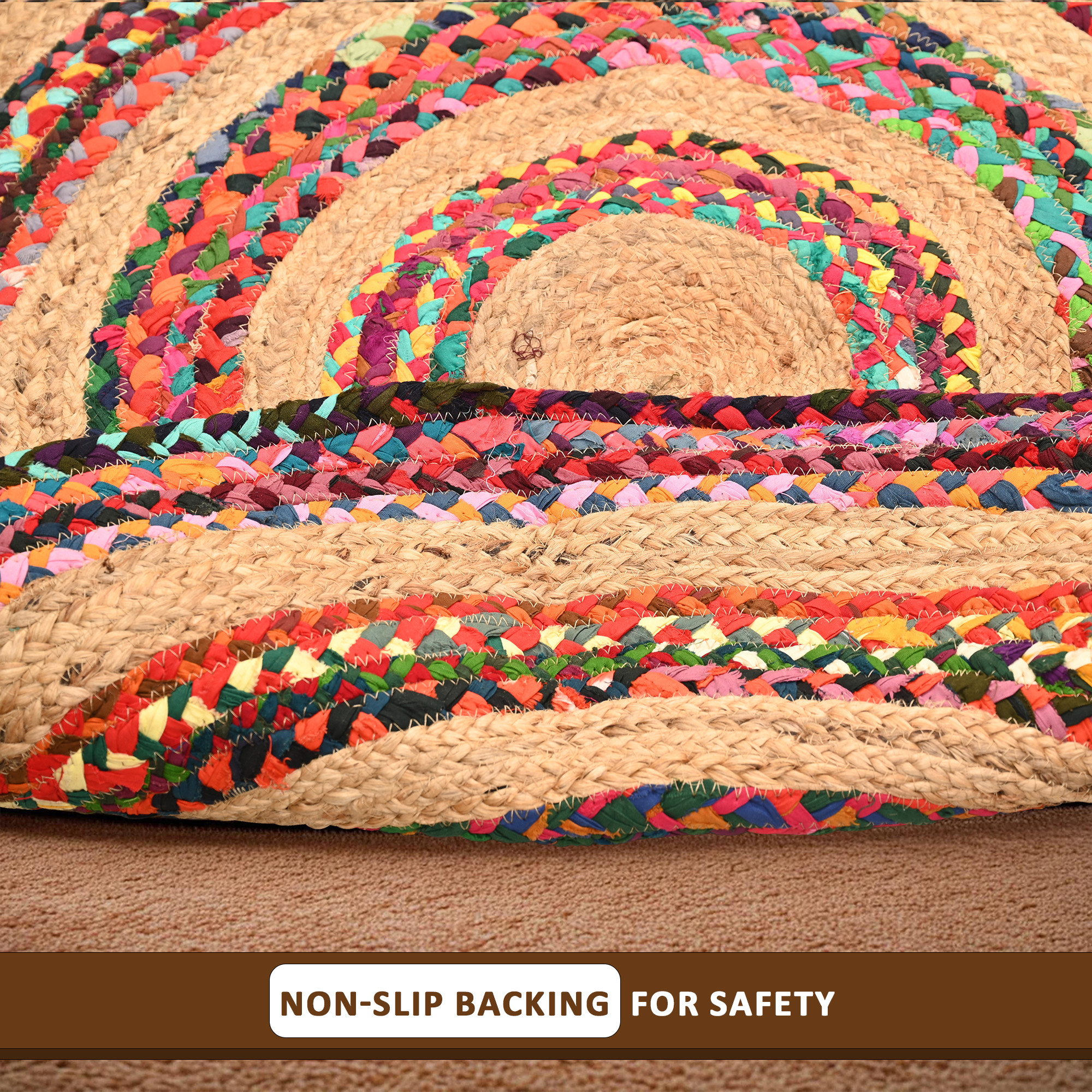 Kuber Industries 4x4 Feet Satranji Round Jute Rug  Carpet for Home  Bedroom  Non-Slip Floor Rugs for Living Room  Thick Lines - Beige