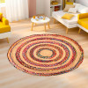 4x4 Feet Satranji Round Jute Rug & Carpet for Home & Bedroom | Non-Slip Floor Rugs for Living Room | Thick Lines - Beige