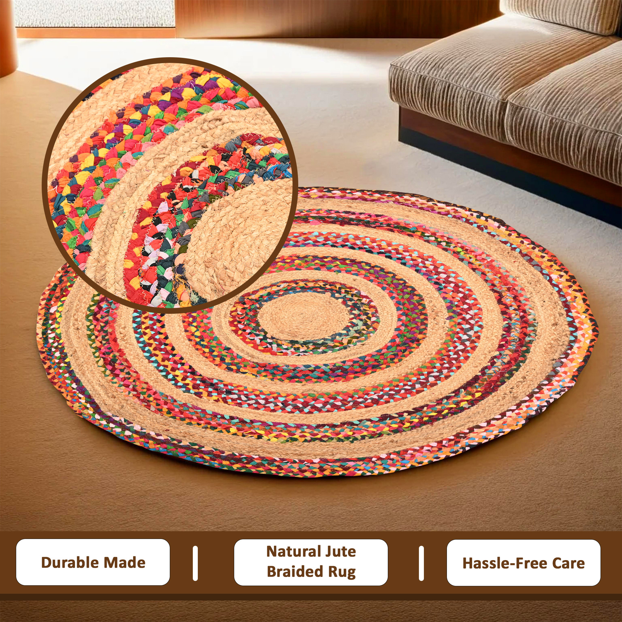Kuber Industries 4x4 Feet Satranji Round Jute Rug  Carpet for Home  Bedroom  Non-Slip Floor Rugs for Living Room  Thick Lines - Beige