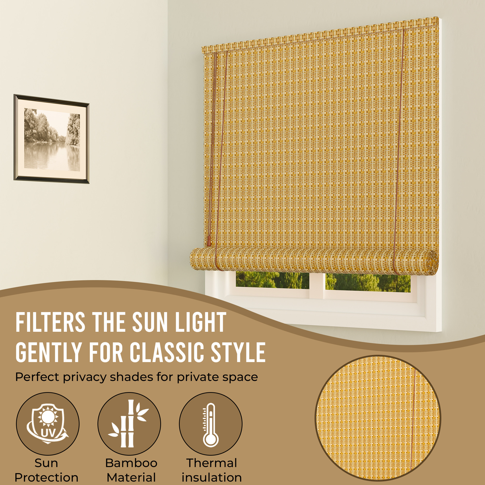 Kuber Industries 4x6 Ft Bamboo Curtains  Sunlight Dust Protection Kitchen Window Blinds for Home  Rope Roller Curtain Bamboo Chik Blinds for Balcony Restaurant Dhaba  Resort  Beige