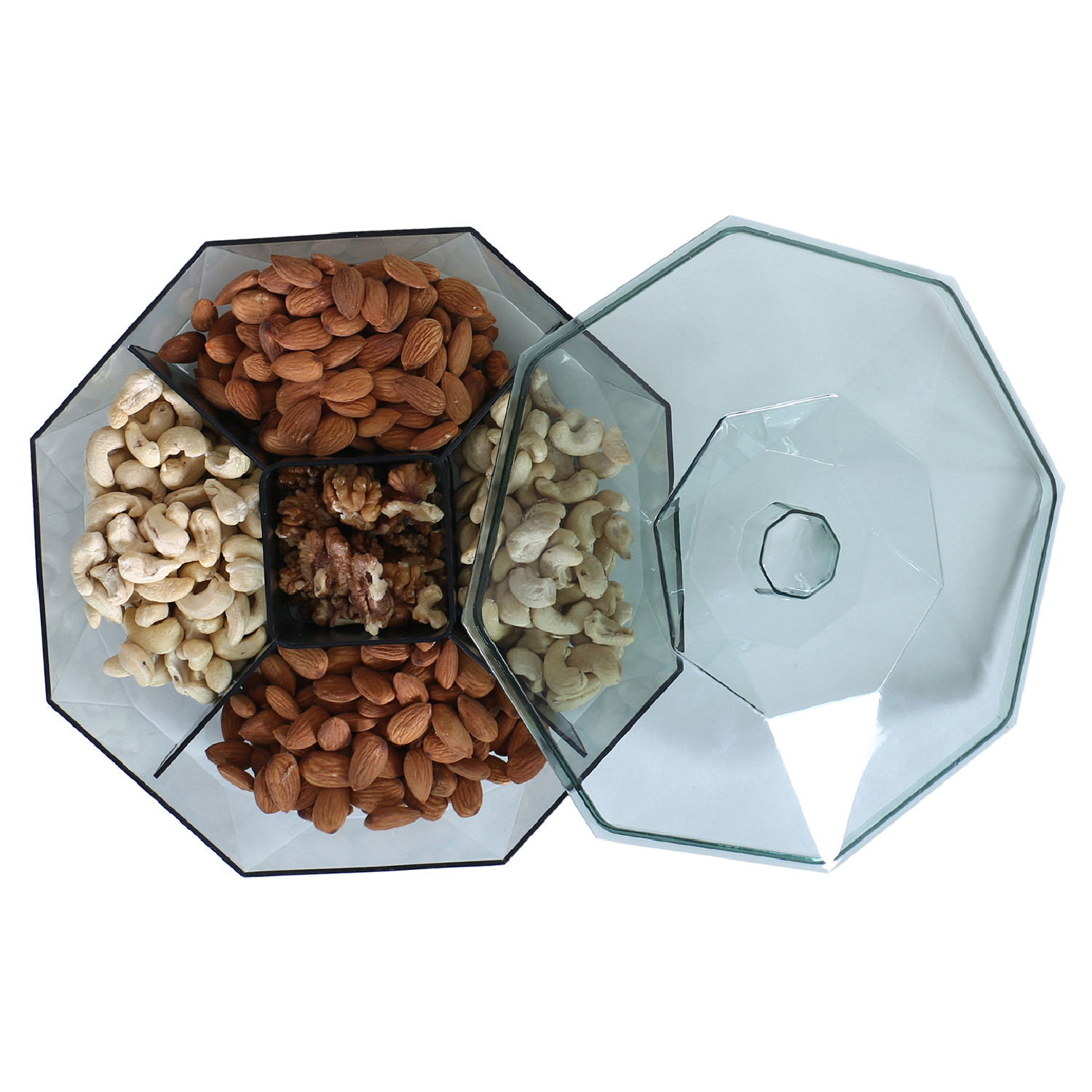 Kuber Industries 5 CompartMant Dry Fruit JarOctagon Shape Plastic SnackersCookiesNuts Glass JarMasalaGrains  Kitchen Jar Green