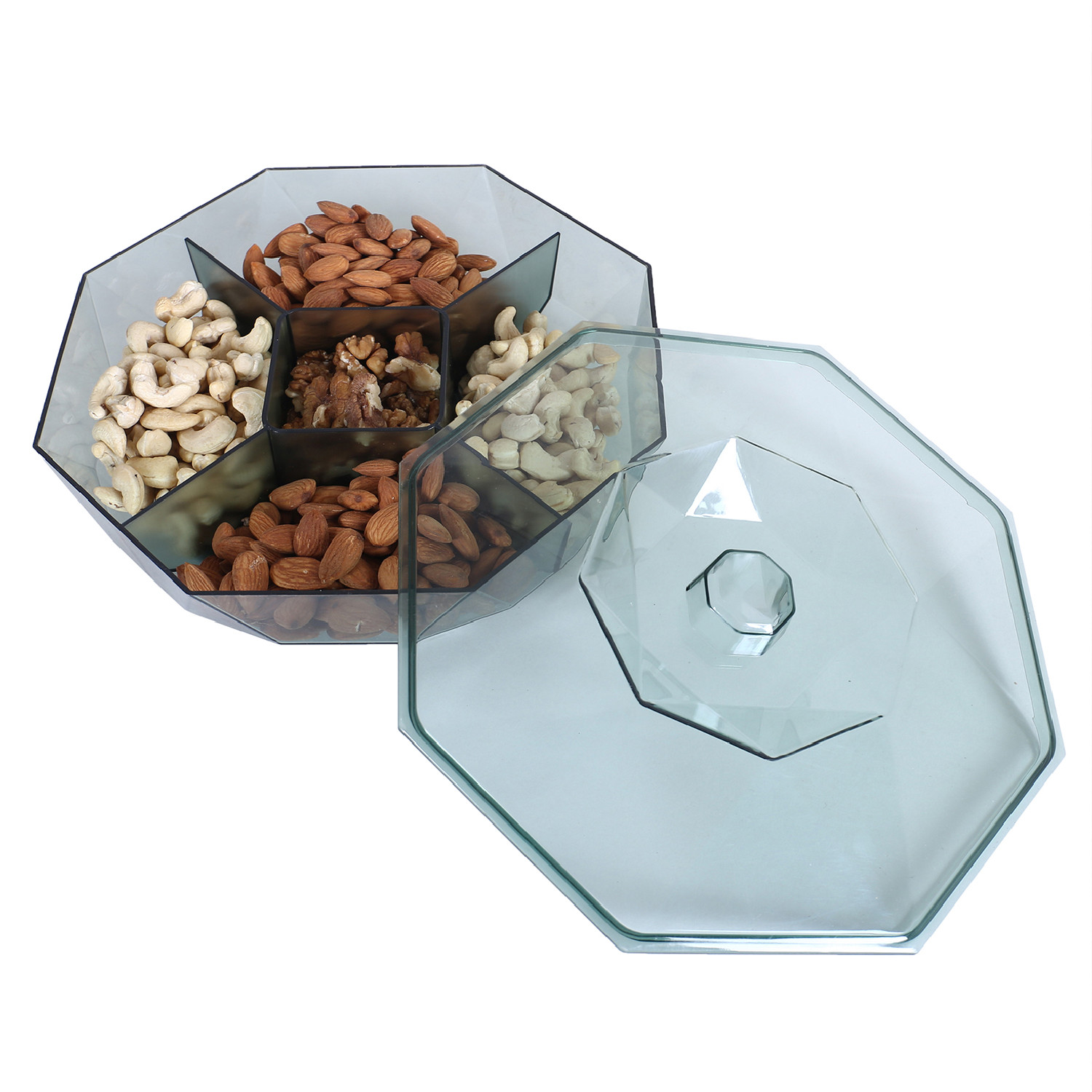Kuber Industries 5 CompartMant Dry Fruit JarOctagon Shape Plastic SnackersCookiesNuts Glass JarMasalaGrains  Kitchen Jar Green