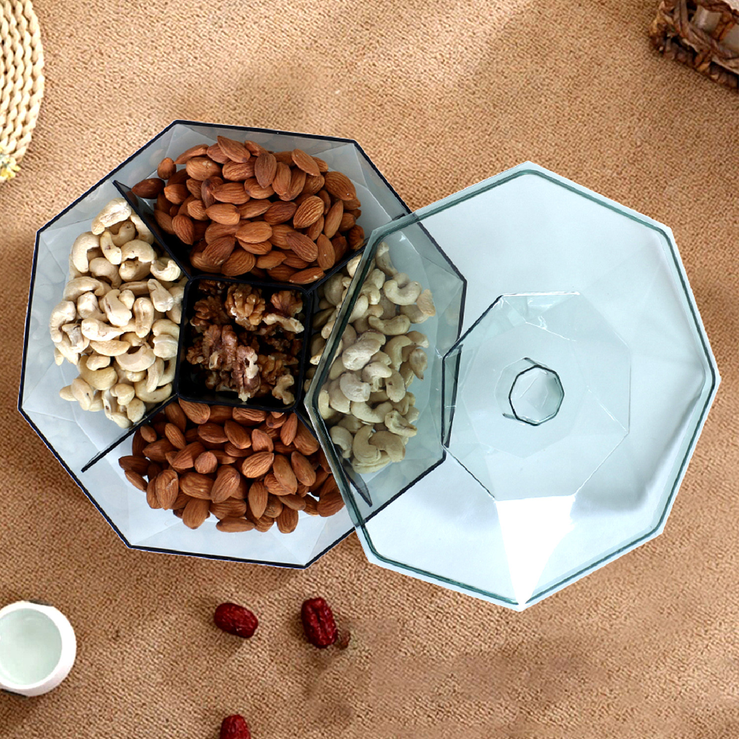 Kuber Industries 5 CompartMant Dry Fruit JarOctagon Shape Plastic SnackersCookiesNuts Glass JarMasalaGrains  Kitchen Jar Green