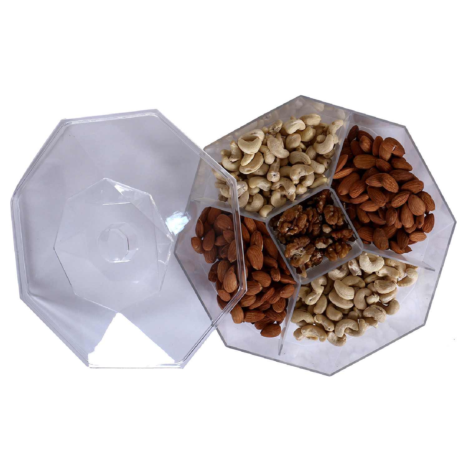 Kuber Industries 5 CompartMant Dry Fruit JarOctagon Shape Plastic SnackersCookiesNuts Glass JarMasalaGrains  Kitchen Jar White