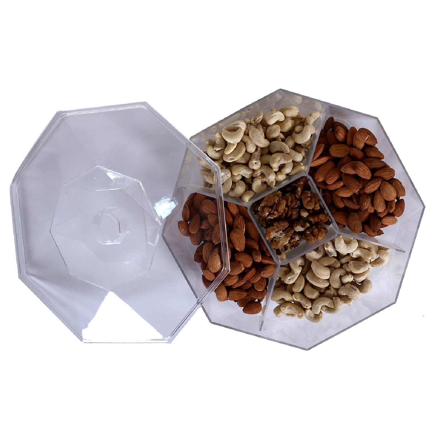 Kuber Industries 5 CompartMant Dry Fruit Jar|Octagon Shape Plastic Snackers,Cookies,Nuts Glass Jar|Masala,Grains & Kitchen Jar (White)