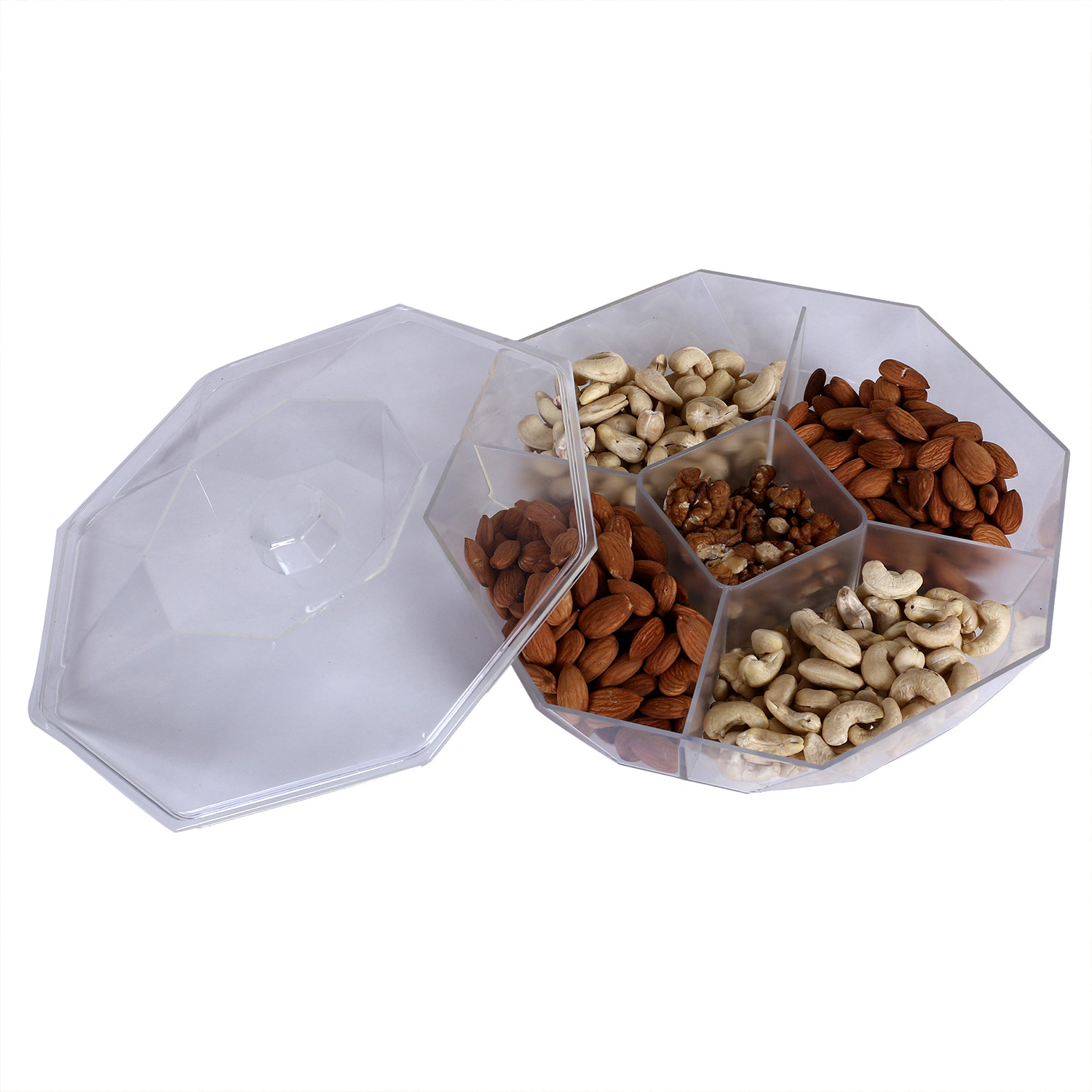 Kuber Industries 5 CompartMant Dry Fruit JarOctagon Shape Plastic SnackersCookiesNuts Glass JarMasalaGrains  Kitchen Jar White