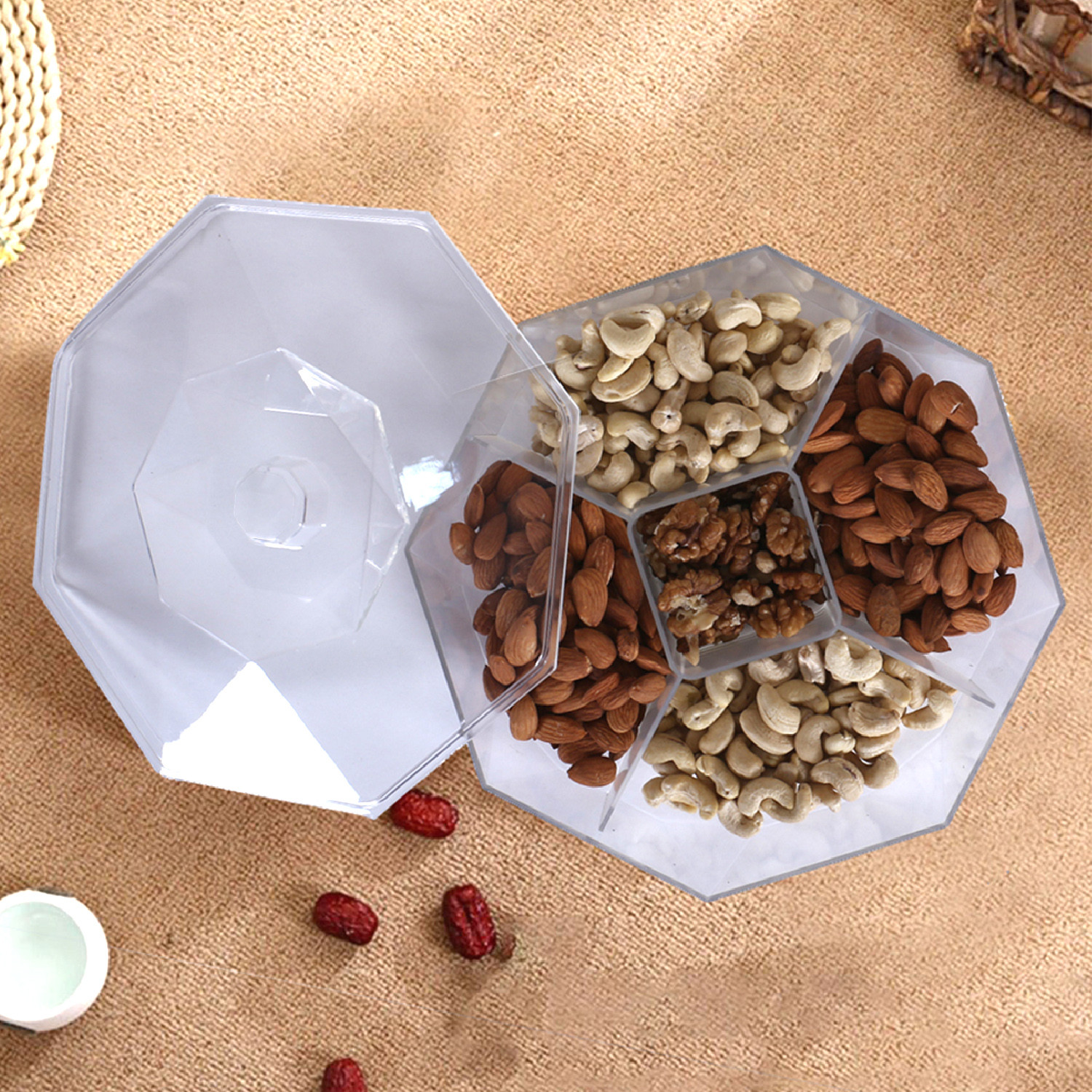 Kuber Industries 5 CompartMant Dry Fruit JarOctagon Shape Plastic SnackersCookiesNuts Glass JarMasalaGrains  Kitchen Jar White