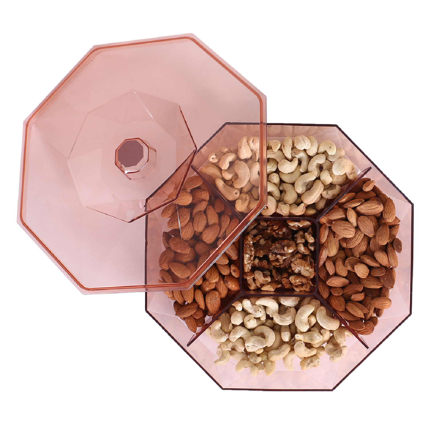 Kuber Industries 5 CompartMant Dry Fruit JarOctagon Shape Plastic SnackersCookiesNuts Glass JarMasalaGrains  Kitchen Jar Pink