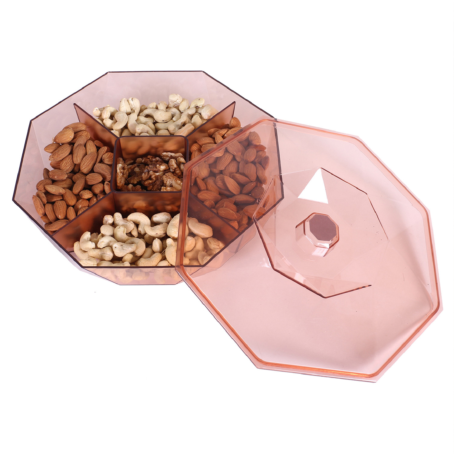 Kuber Industries 5 CompartMant Dry Fruit JarOctagon Shape Plastic SnackersCookiesNuts Glass JarMasalaGrains  Kitchen Jar Pink