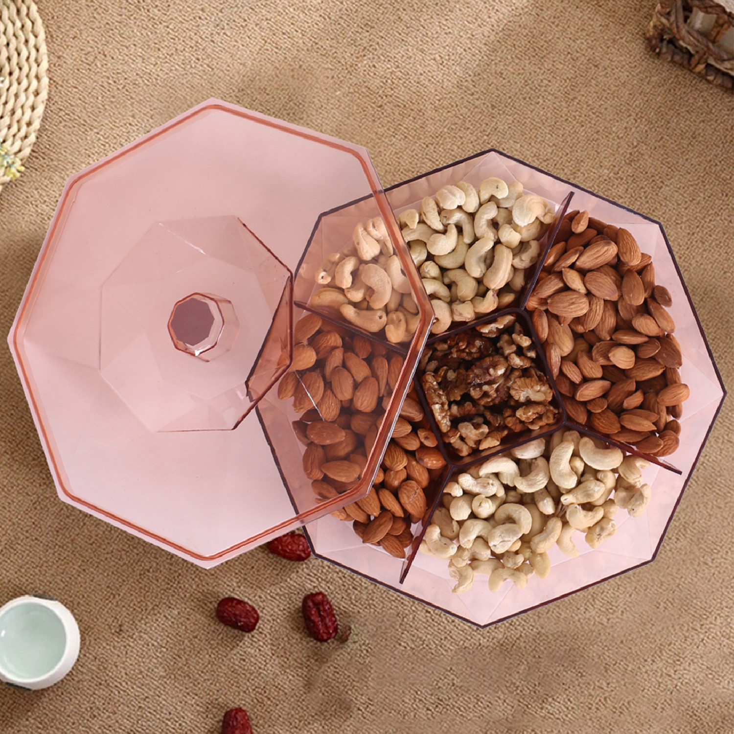 Kuber Industries 5 CompartMant Dry Fruit JarOctagon Shape Plastic SnackersCookiesNuts Glass JarMasalaGrains  Kitchen Jar Pink