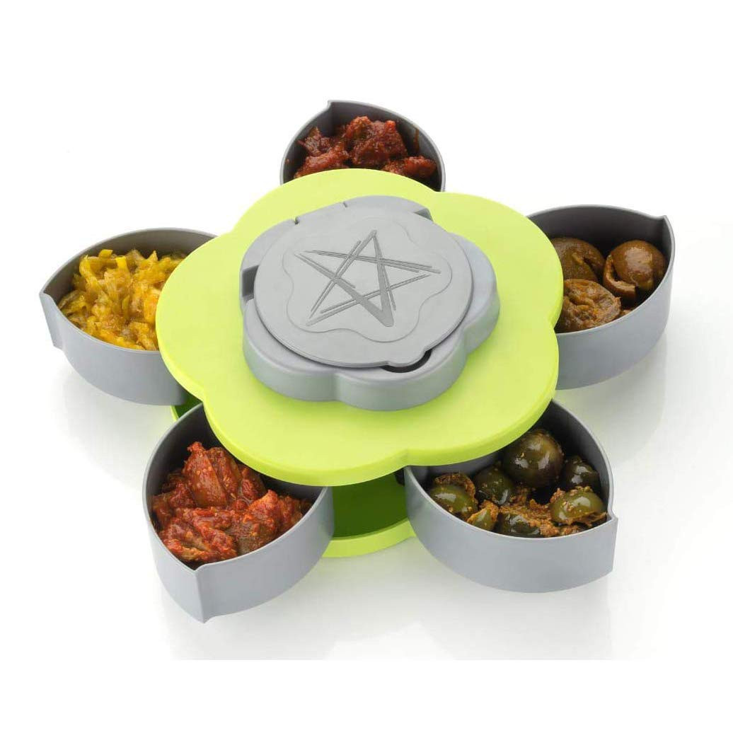 Kuber Industries 5 Compartments Flower Candy Box Serving Rotating Tray Dry Fruit, Candy, Chocolate, Snacks Storage Box with Mobile Phone Stand(Green)-KUBMART1344