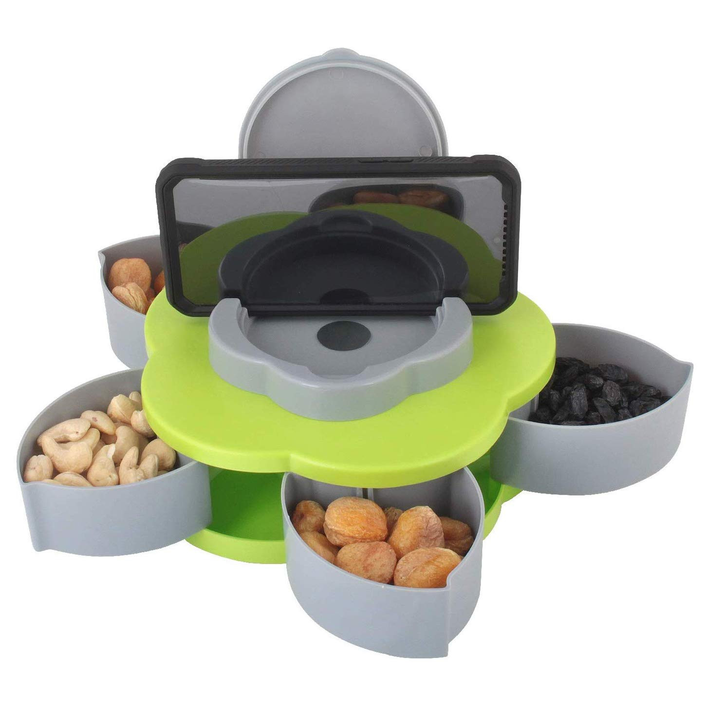 Kuber Industries 5 Compartments Flower Candy Box Serving Rotating Tray Dry Fruit, Candy, Chocolate, Snacks Storage Box with Mobile Phone Stand(Green)-KUBMART1344