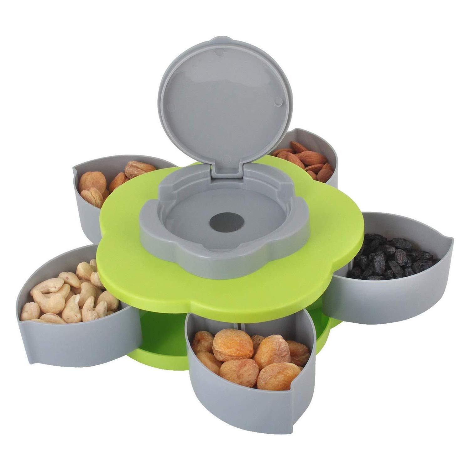 Kuber Industries 5 Compartments Flower Candy Box Serving Rotating Tray Dry Fruit, Candy, Chocolate, Snacks Storage Box with Mobile Phone Stand(Green)-KUBMART1344