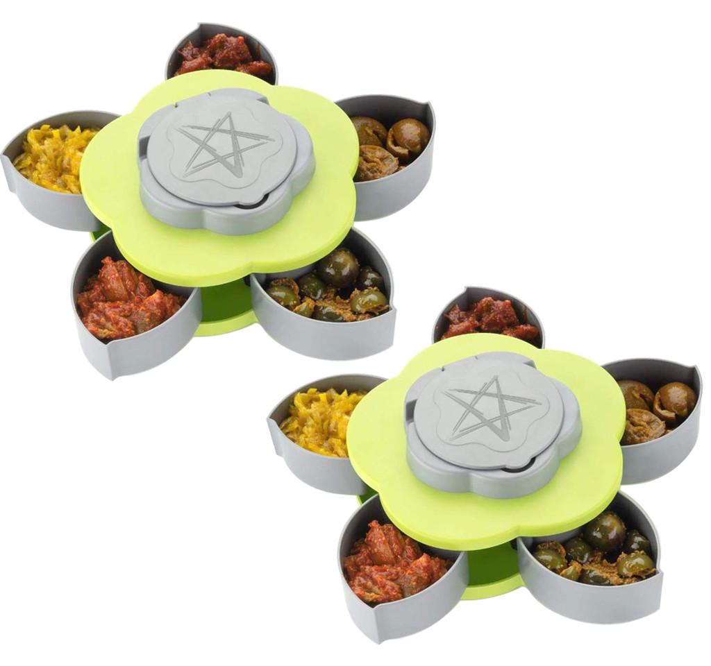 Kuber Industries 5 Compartments Flower Candy Box Serving Rotating Tray Dry Fruit, Candy, Chocolate, Snacks Storage Box with Mobile Phone Stand(Green)-KUBMART1344