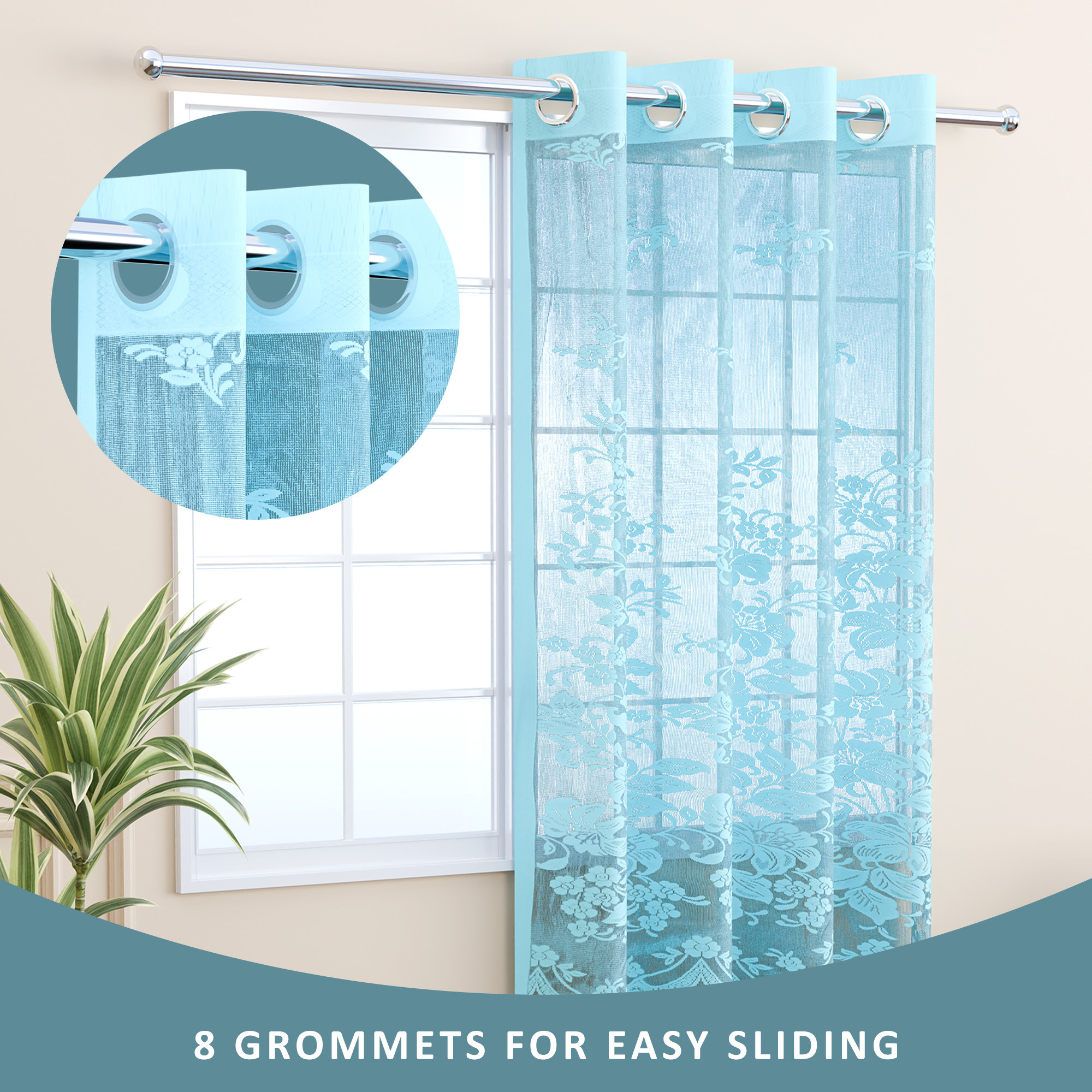 Kuber Industries 5 Feet Decorative Net Curtain for Windows  Khidki Ke Parde for Living Room Home  Office  Screen Parde for Door Balcony  Open Kitchen  Floral Embroidery - Aqua Green