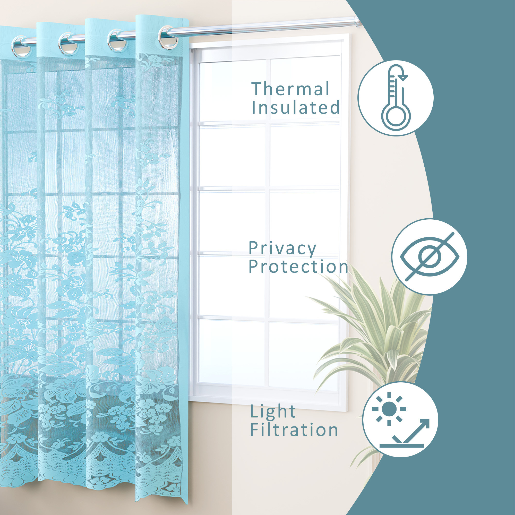 Kuber Industries 5 Feet Decorative Net Curtain for Windows  Khidki Ke Parde for Living Room Home  Office  Screen Parde for Door Balcony  Open Kitchen  Floral Embroidery - Aqua Green